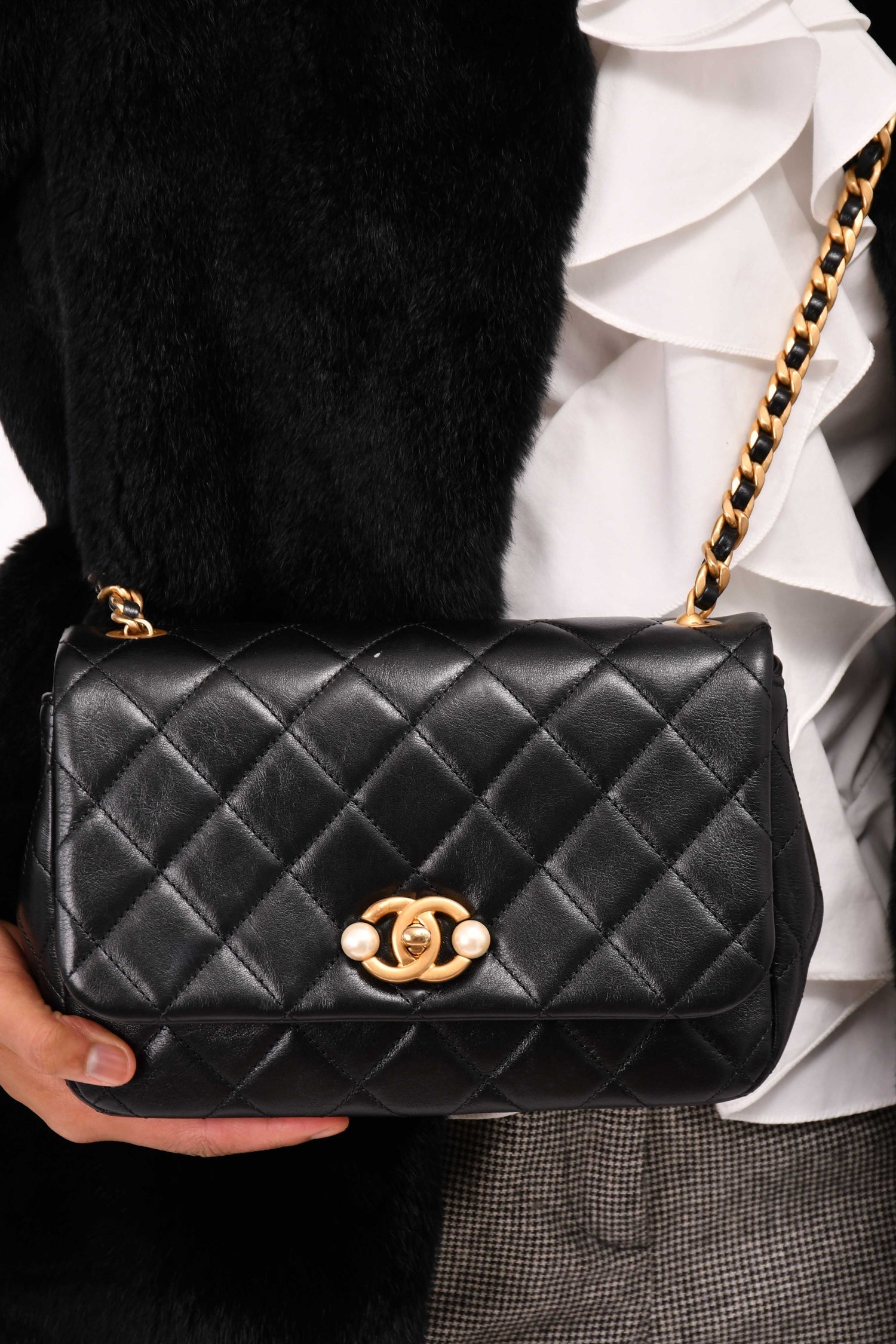 Chanel™ Black Glazed Leather Pearl Embellished Small Flap Bag