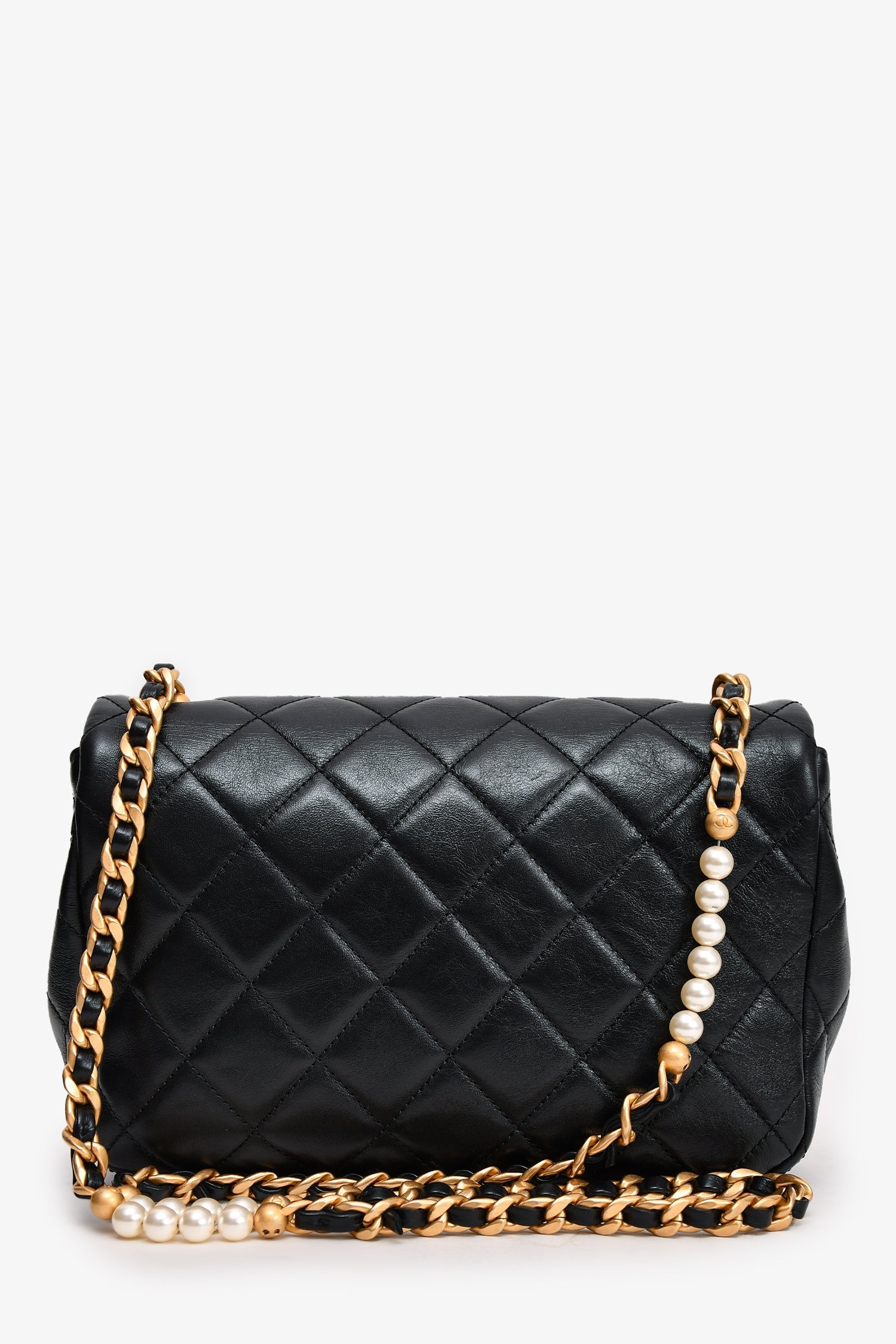 Chanel™ Black Glazed Leather Pearl Embellished Small Flap Bag