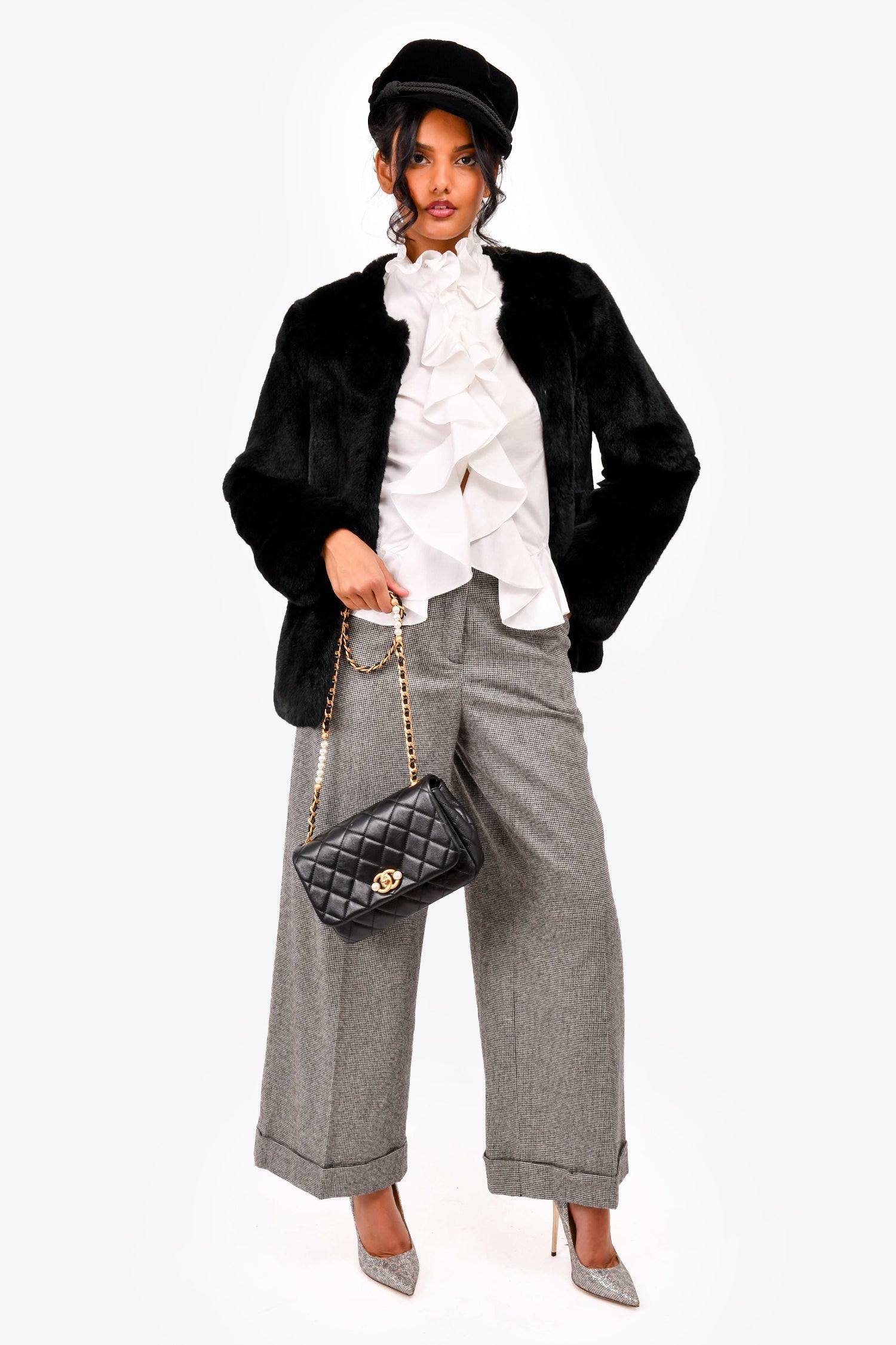 Chanel™ Black Glazed Leather Pearl Embellished Small Flap Bag