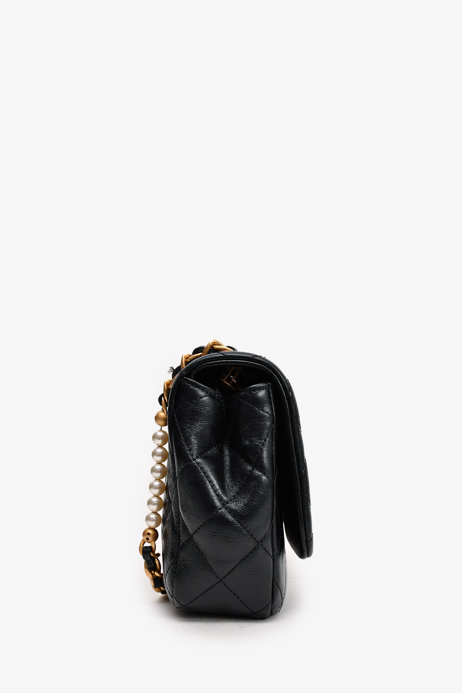 Chanel™ Black Glazed Leather Pearl Embellished Small Flap Bag