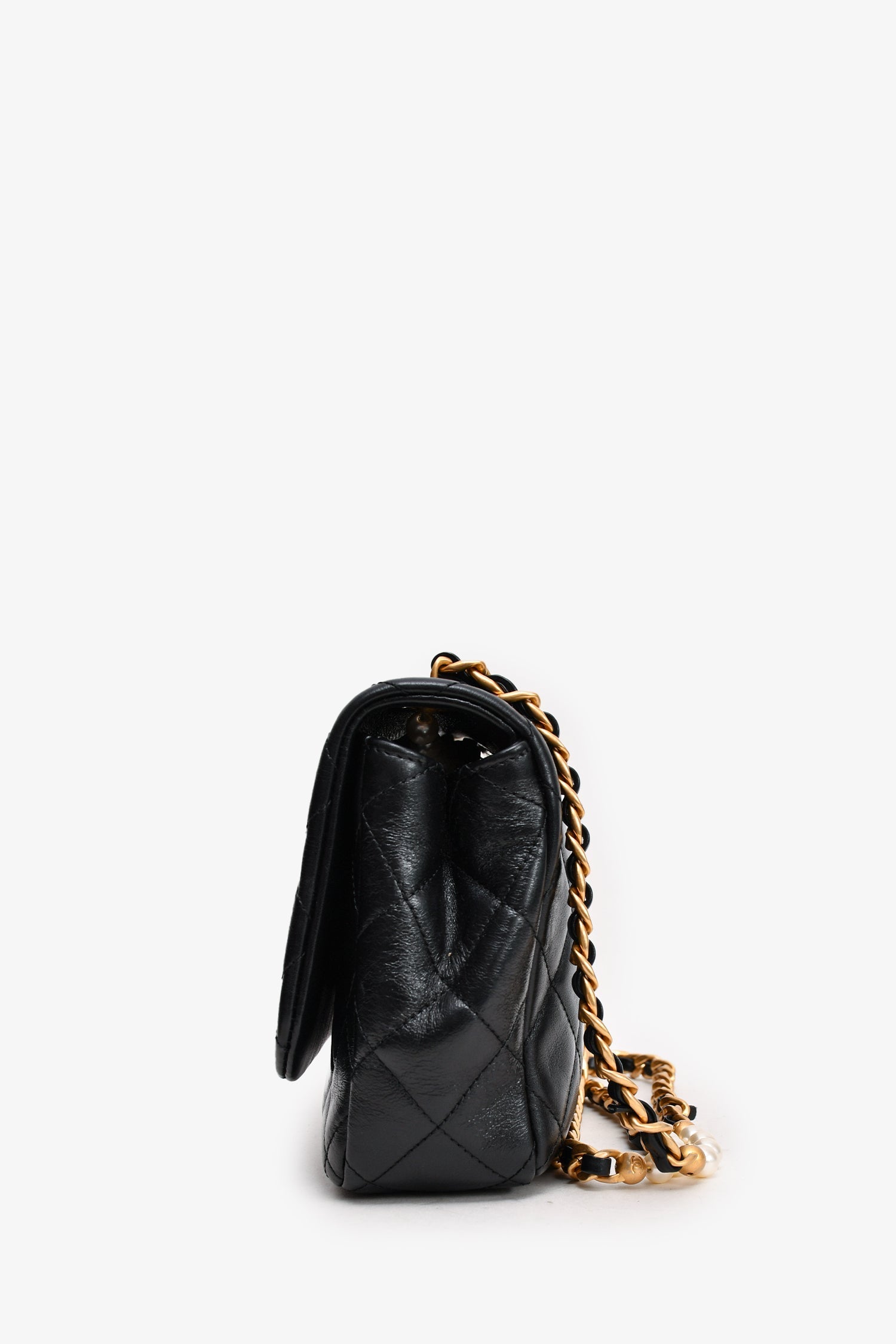 Chanel™ Black Glazed Leather Pearl Embellished Small Flap Bag