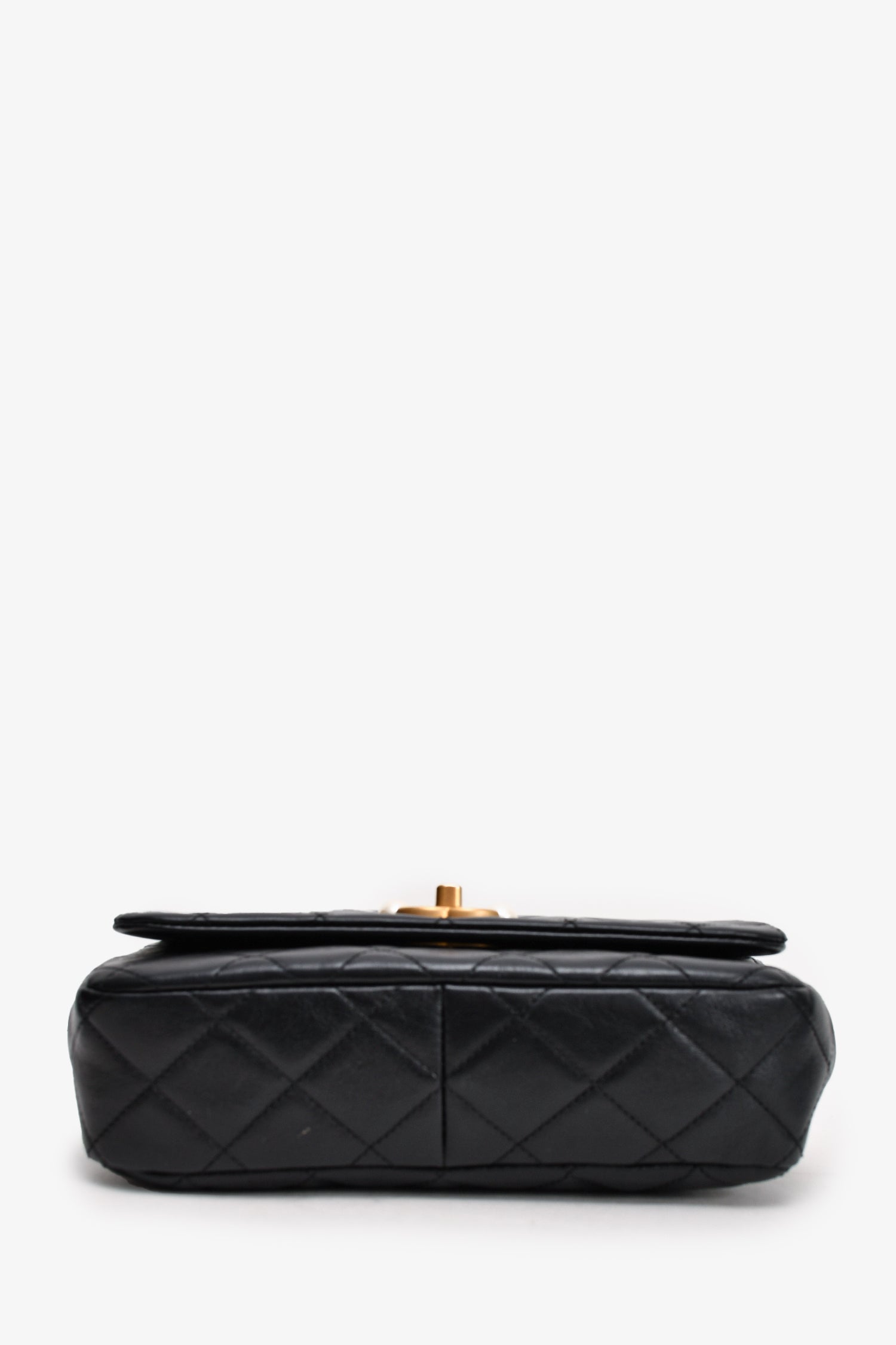 Chanel™ Black Glazed Leather Pearl Embellished Small Flap Bag