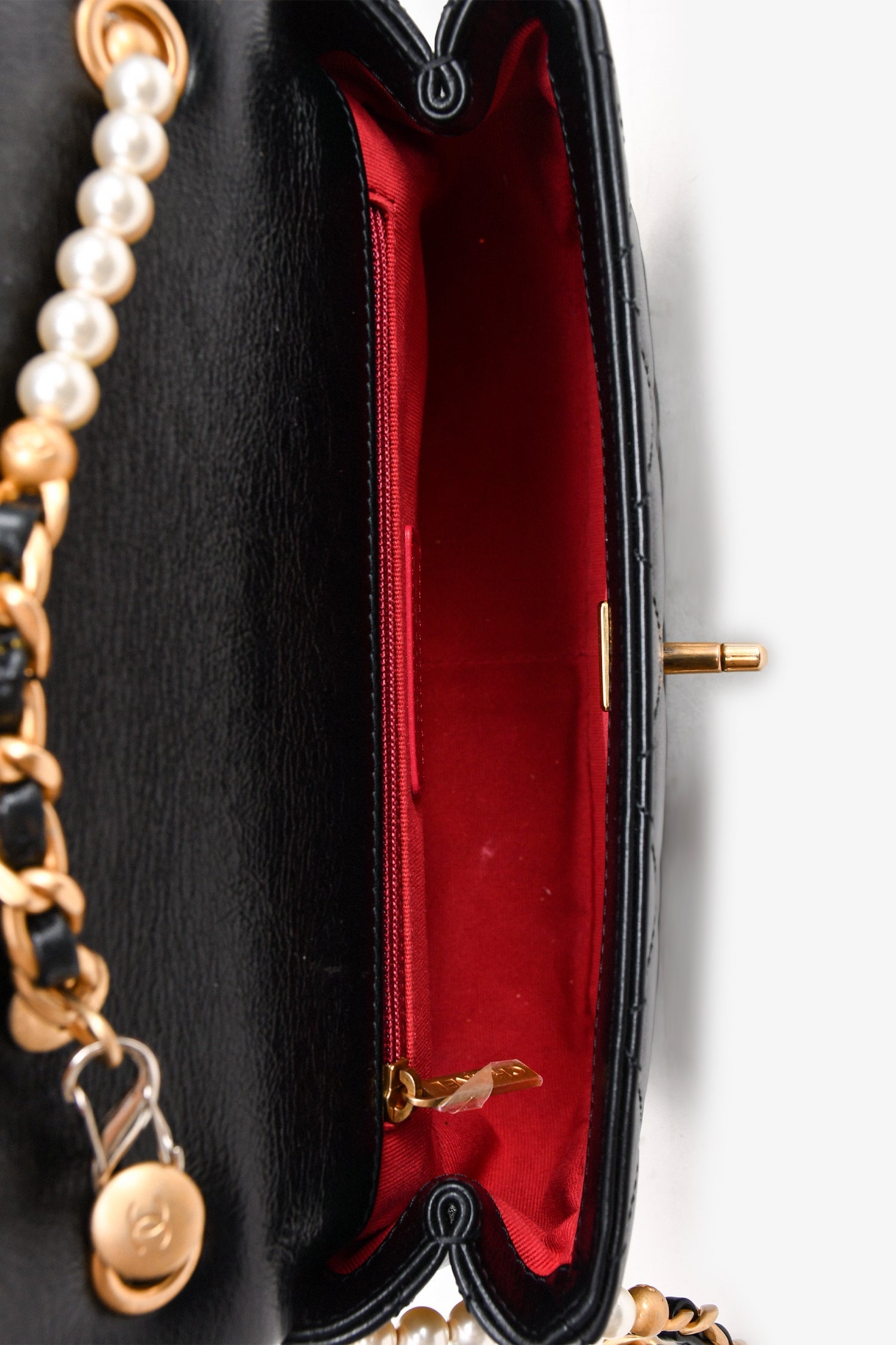 Chanel™ Black Glazed Leather Pearl Embellished Small Flap Bag