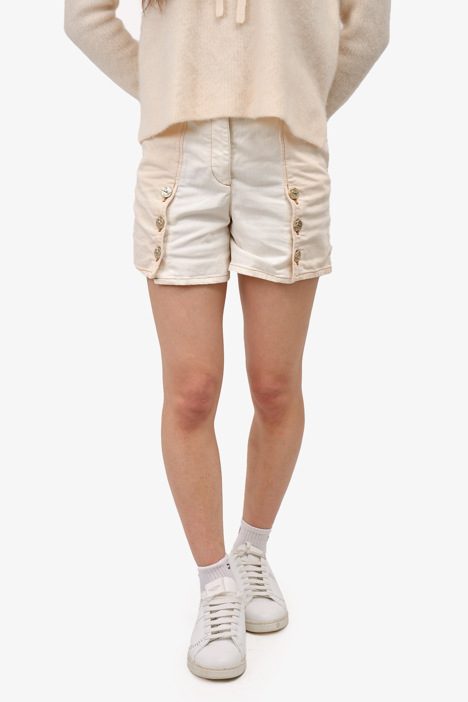 Chanel™ 2018 Beige/White Denim Button Detailed Shorts Size 34