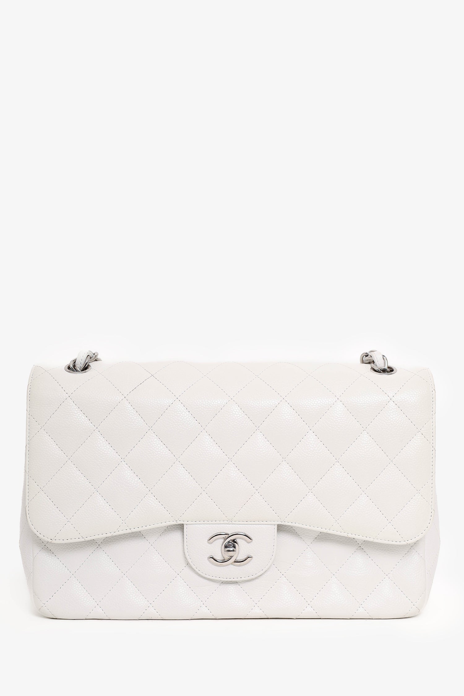 Chanel™ 2011 White Caviar Leather Jumbo Classic Flap Shoulder Bag