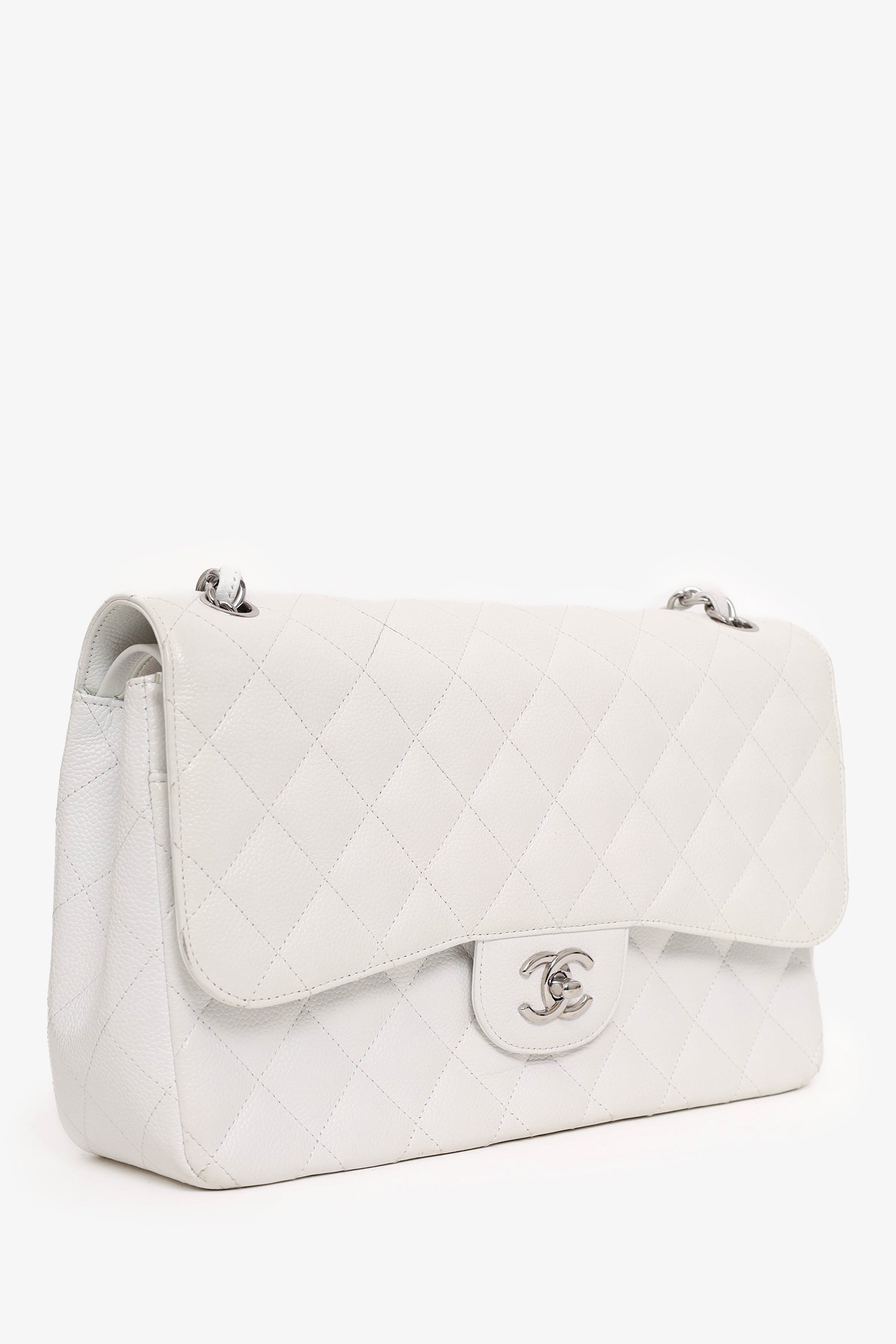 Chanel™ 2011 White Caviar Leather Jumbo Classic Flap Shoulder Bag