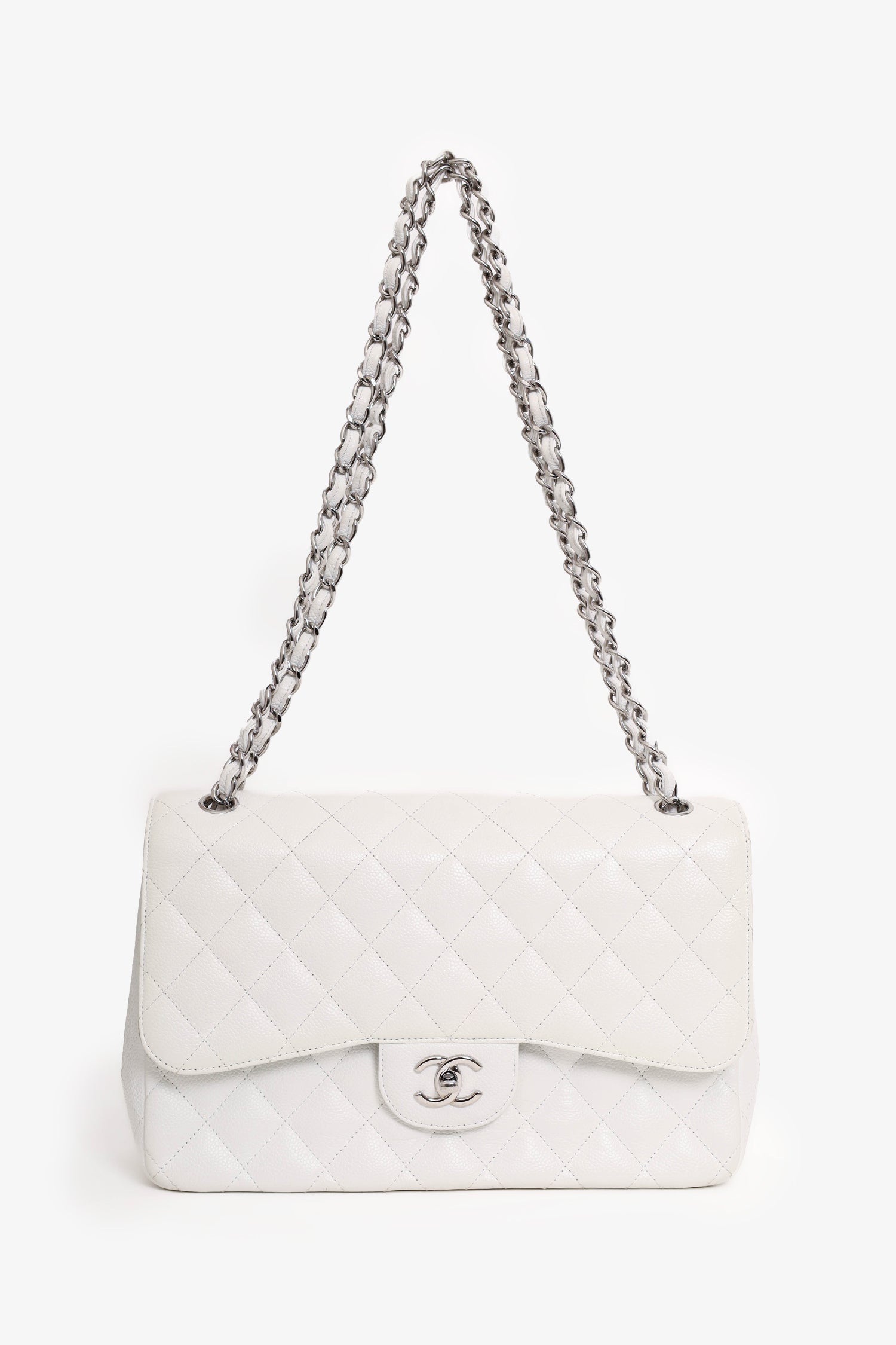 Chanel™ 2011 White Caviar Leather Jumbo Classic Flap Shoulder Bag