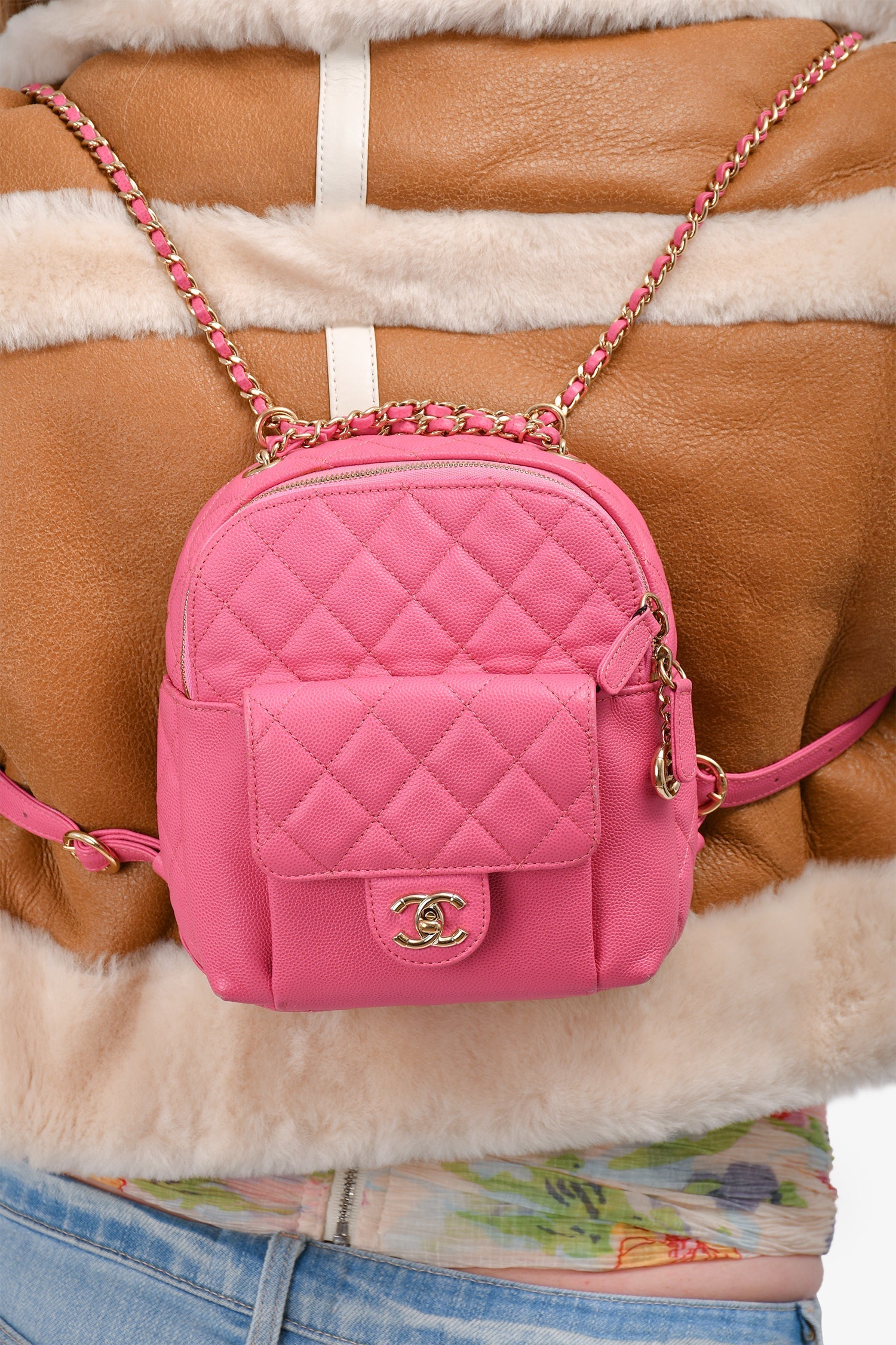 Chanel™ 2019 Hot Pink Caviar Leather Mini Chain Backpack