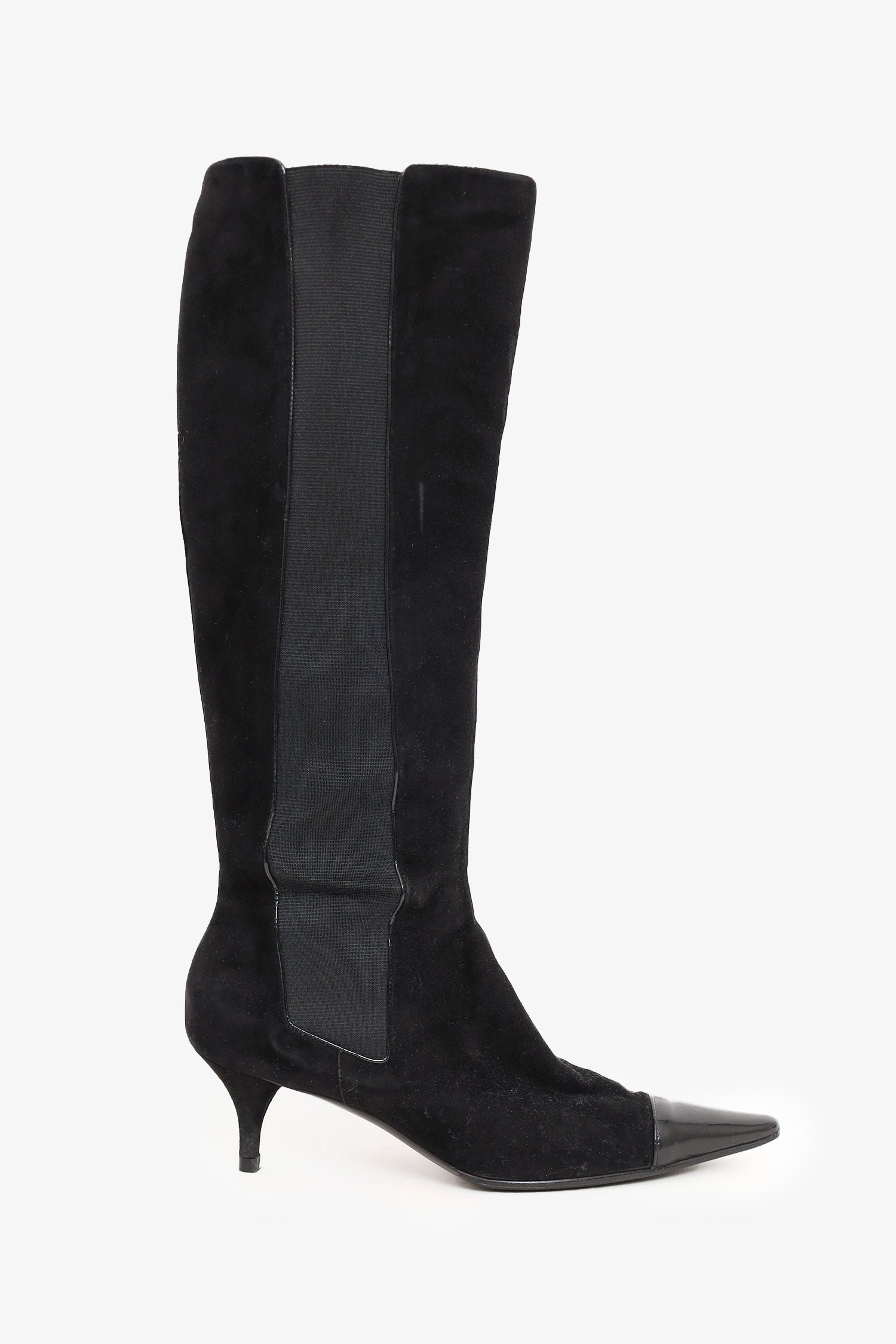 Chanel™ Black Suede Pointed Cap Toe Knee High Boots Size 40