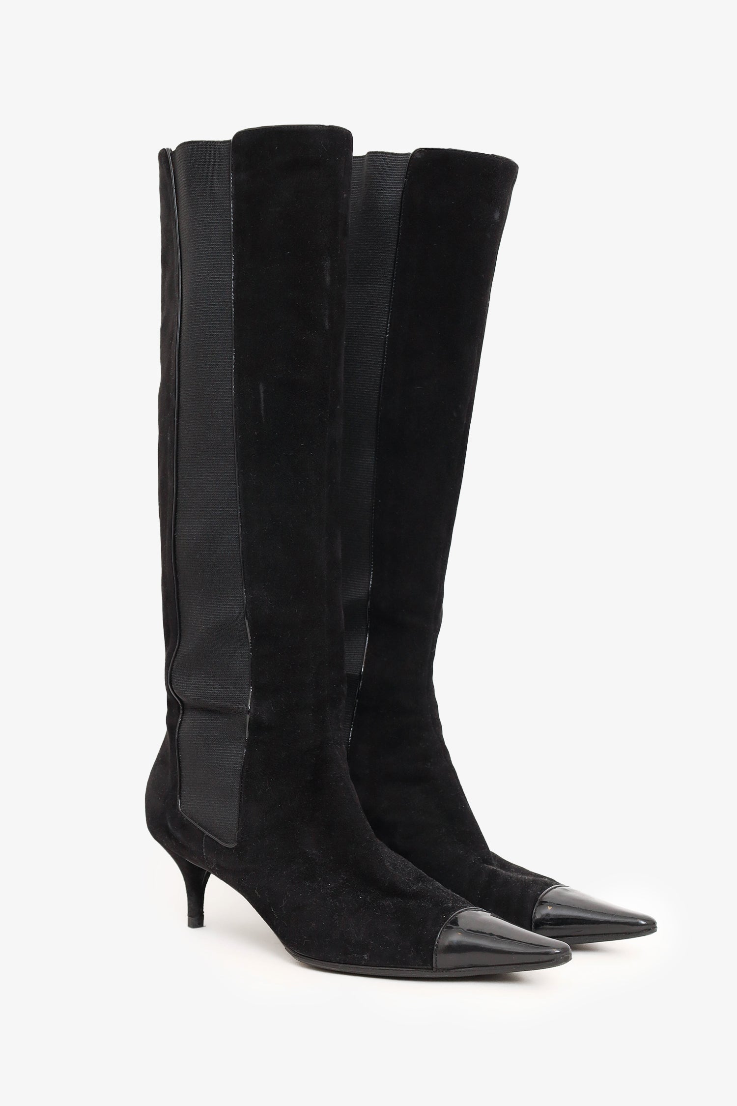 Chanel™ Black Suede Pointed Cap Toe Knee High Boots Size 40