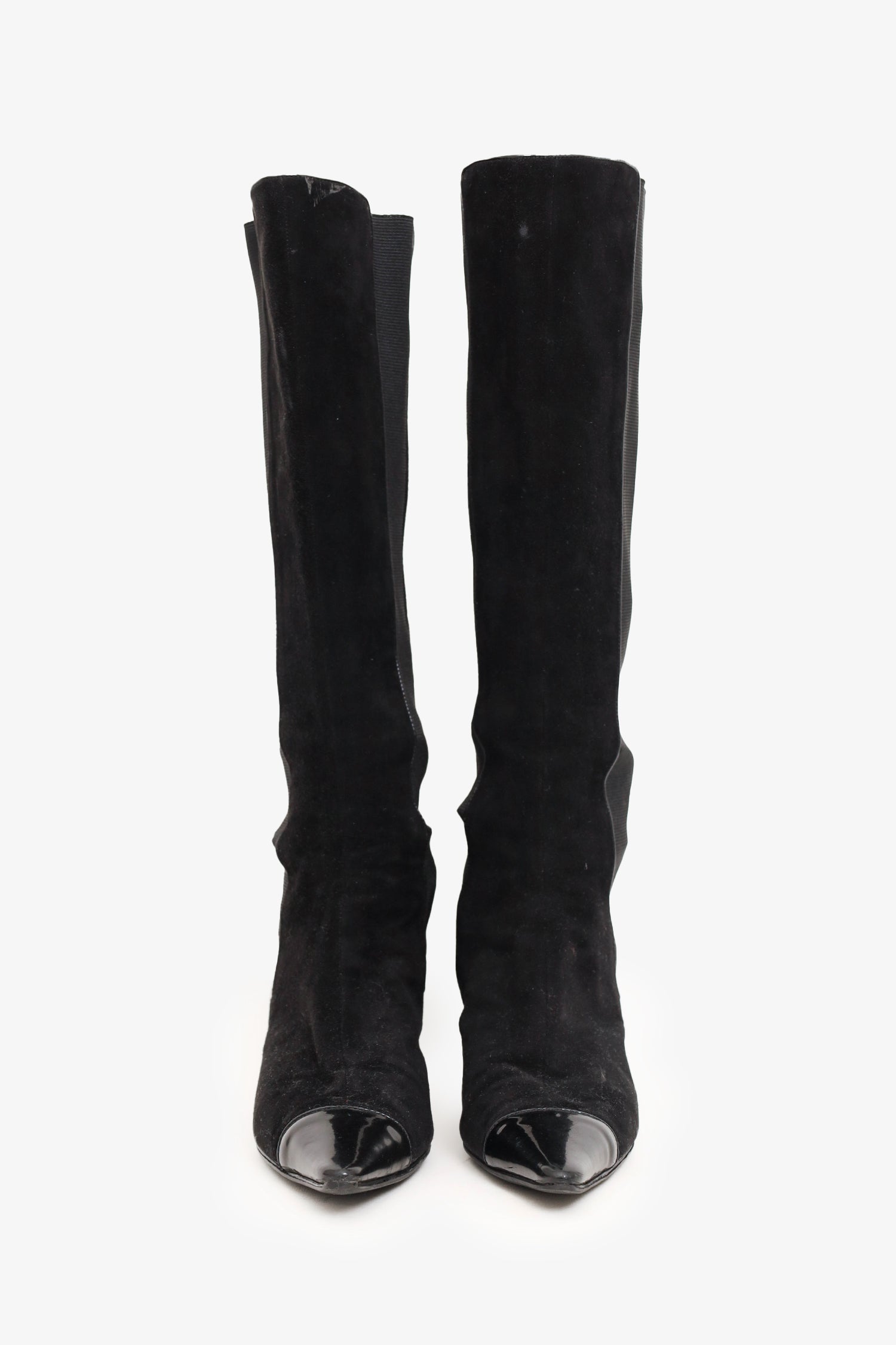 Chanel™ Black Suede Pointed Cap Toe Knee High Boots Size 40