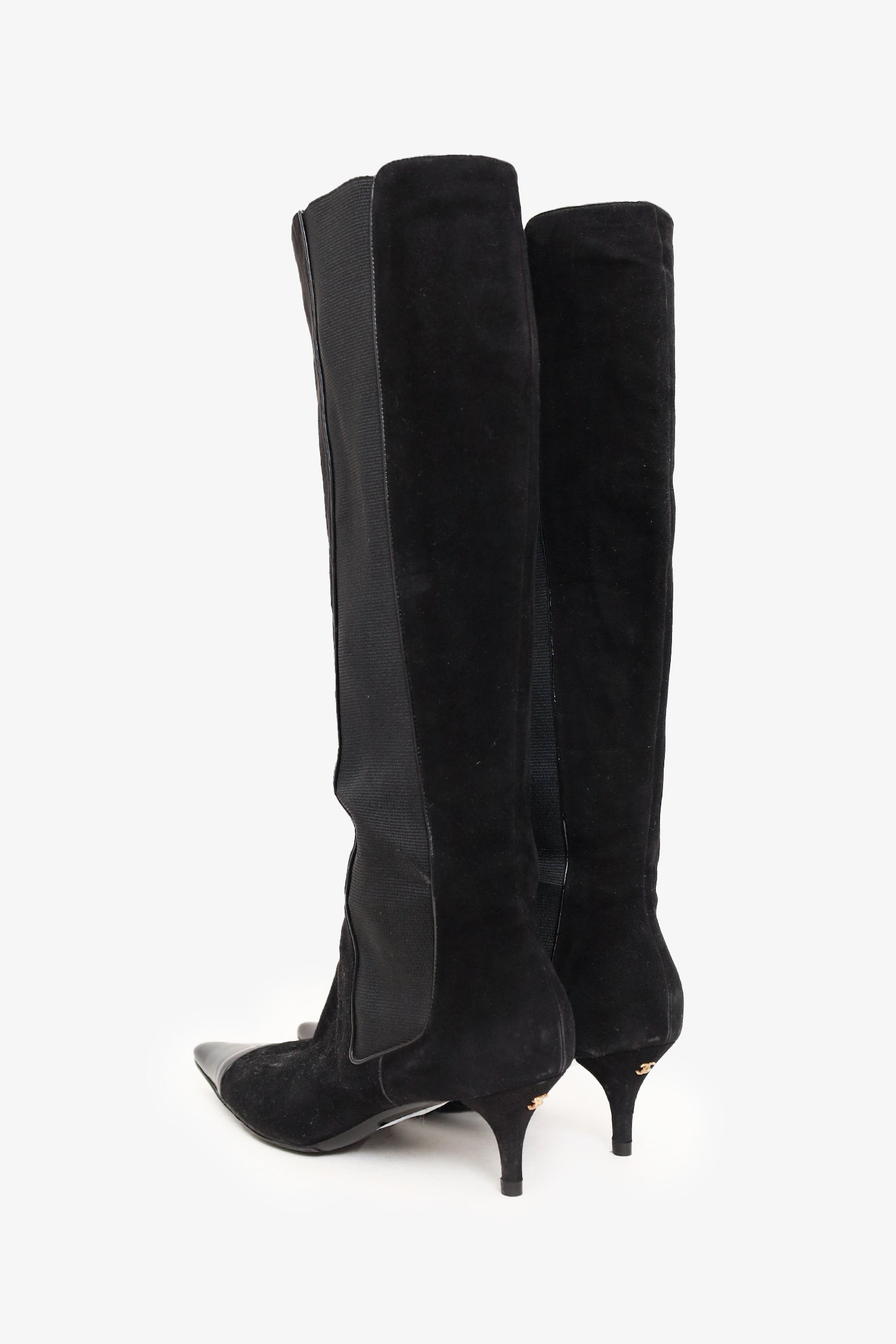 Chanel™ Black Suede Pointed Cap Toe Knee High Boots Size 40