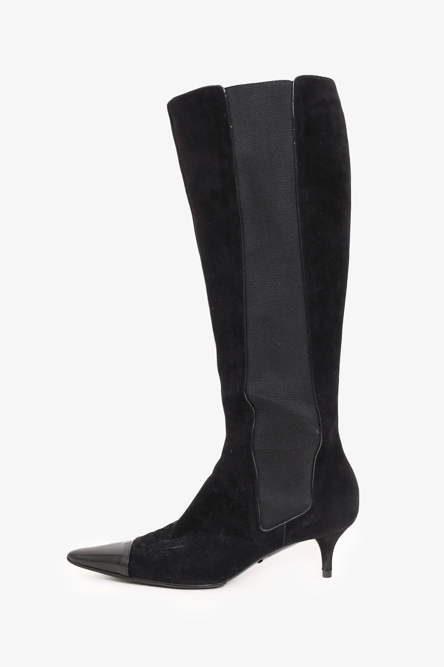 Chanel™ Black Suede Pointed Cap Toe Knee High Boots Size 40