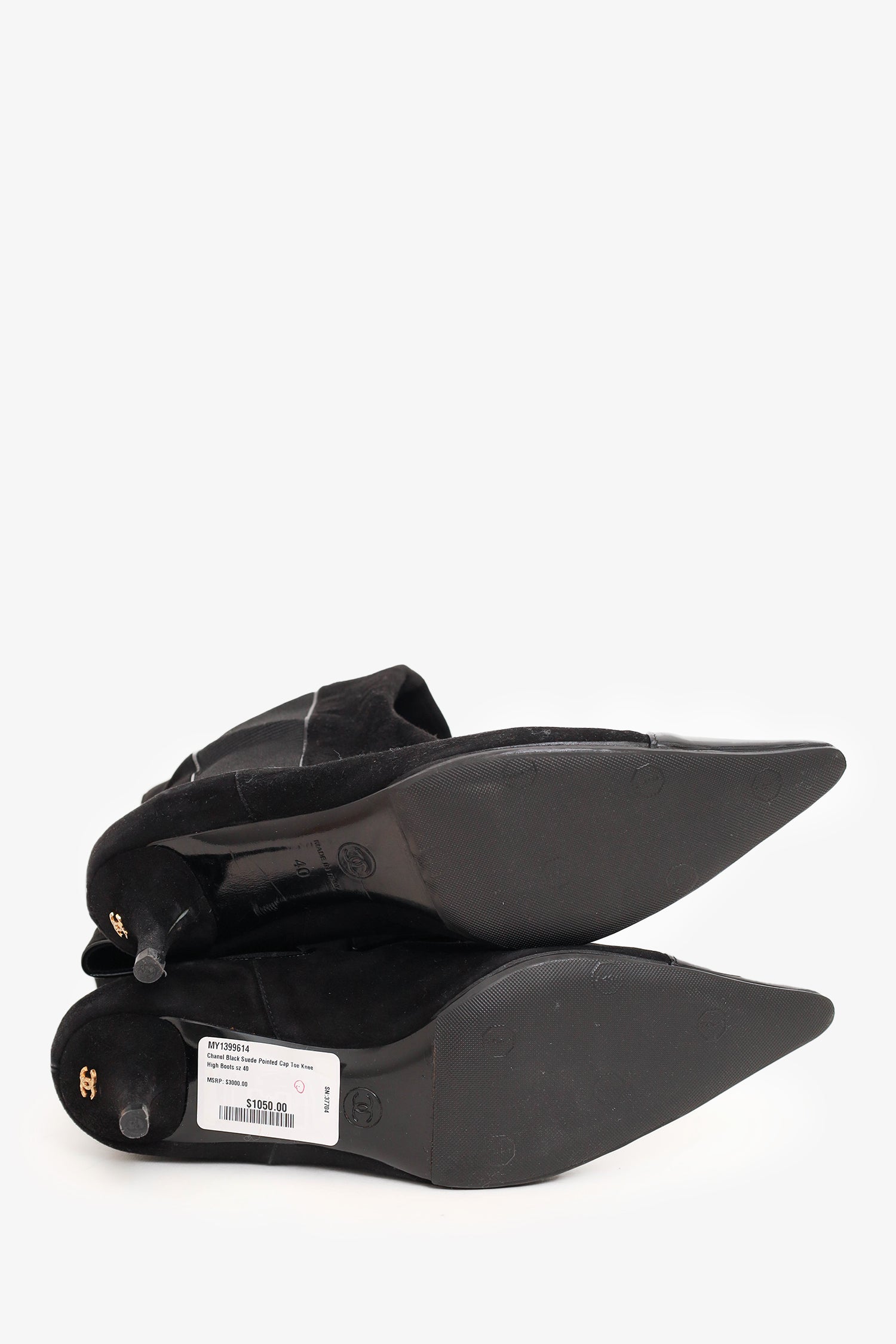 Chanel™ Black Suede Pointed Cap Toe Knee High Boots Size 40