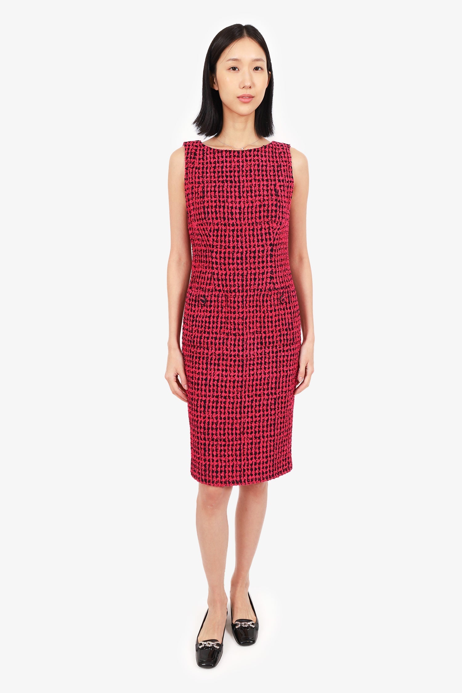 Chanel™ 2016 Pink/Black Tweed Sleeveless Midi Dress Size 42