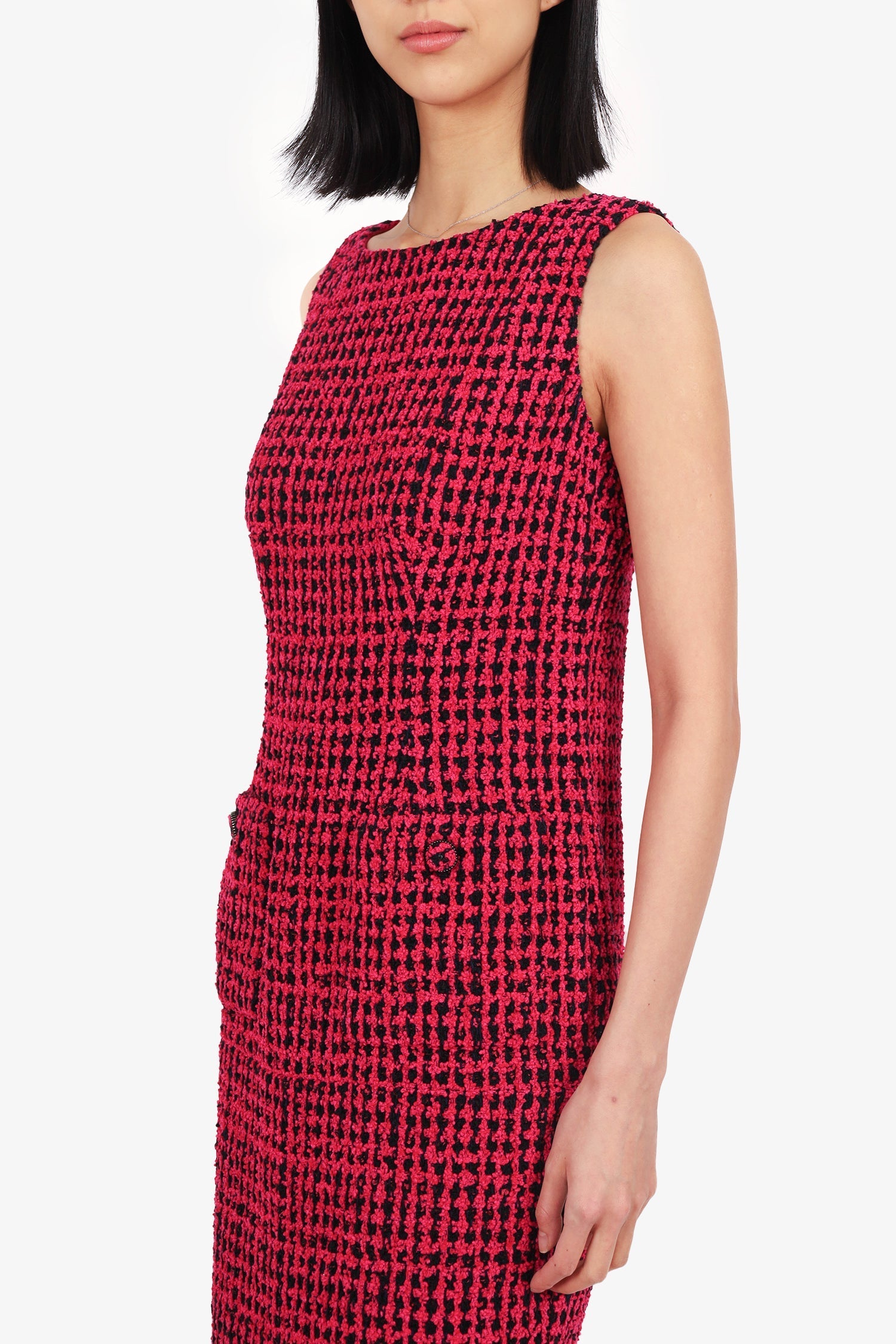 Chanel™ 2016 Pink/Black Tweed Sleeveless Midi Dress Size 42