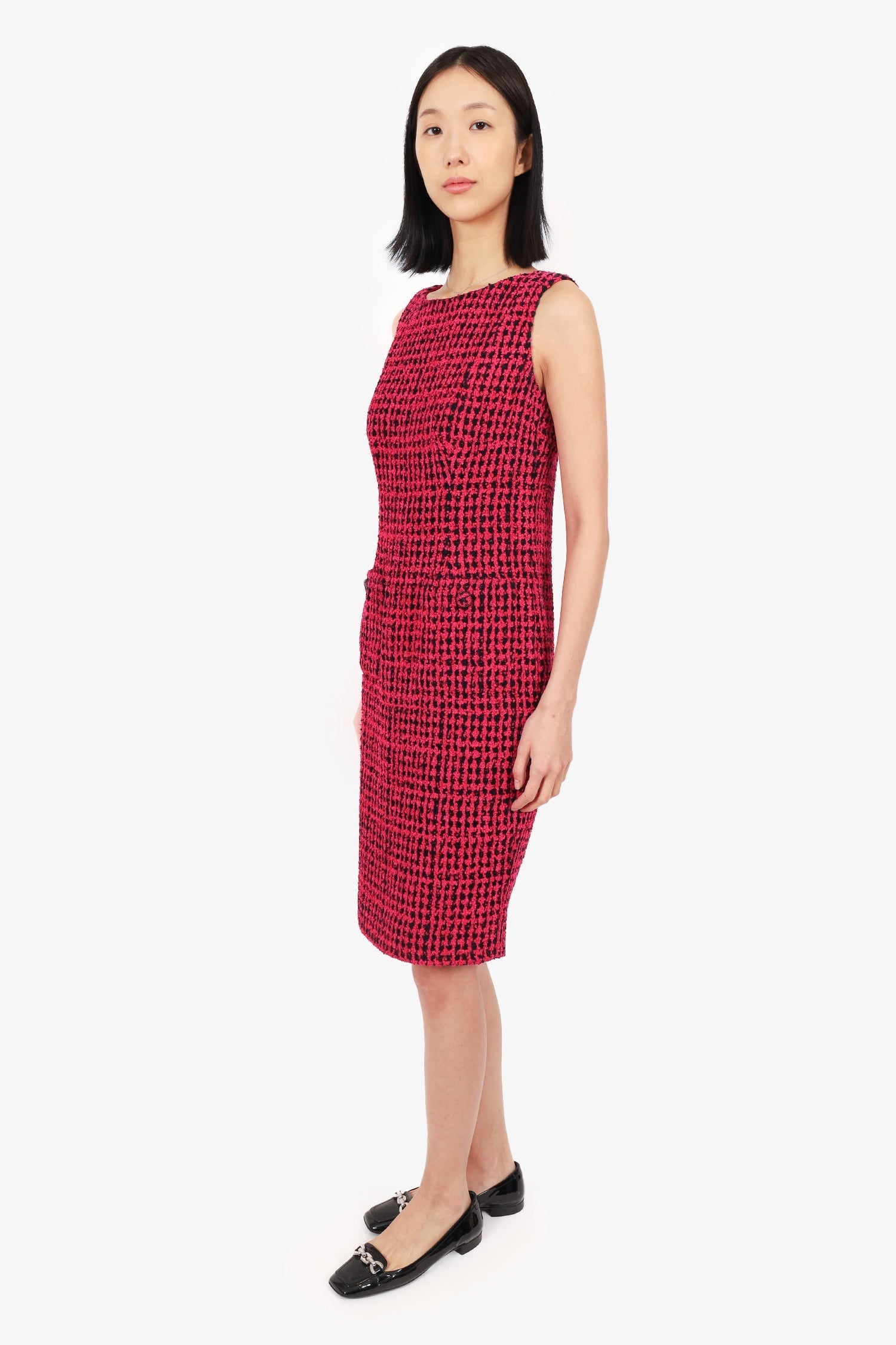 Chanel™ 2016 Pink/Black Tweed Sleeveless Midi Dress Size 42