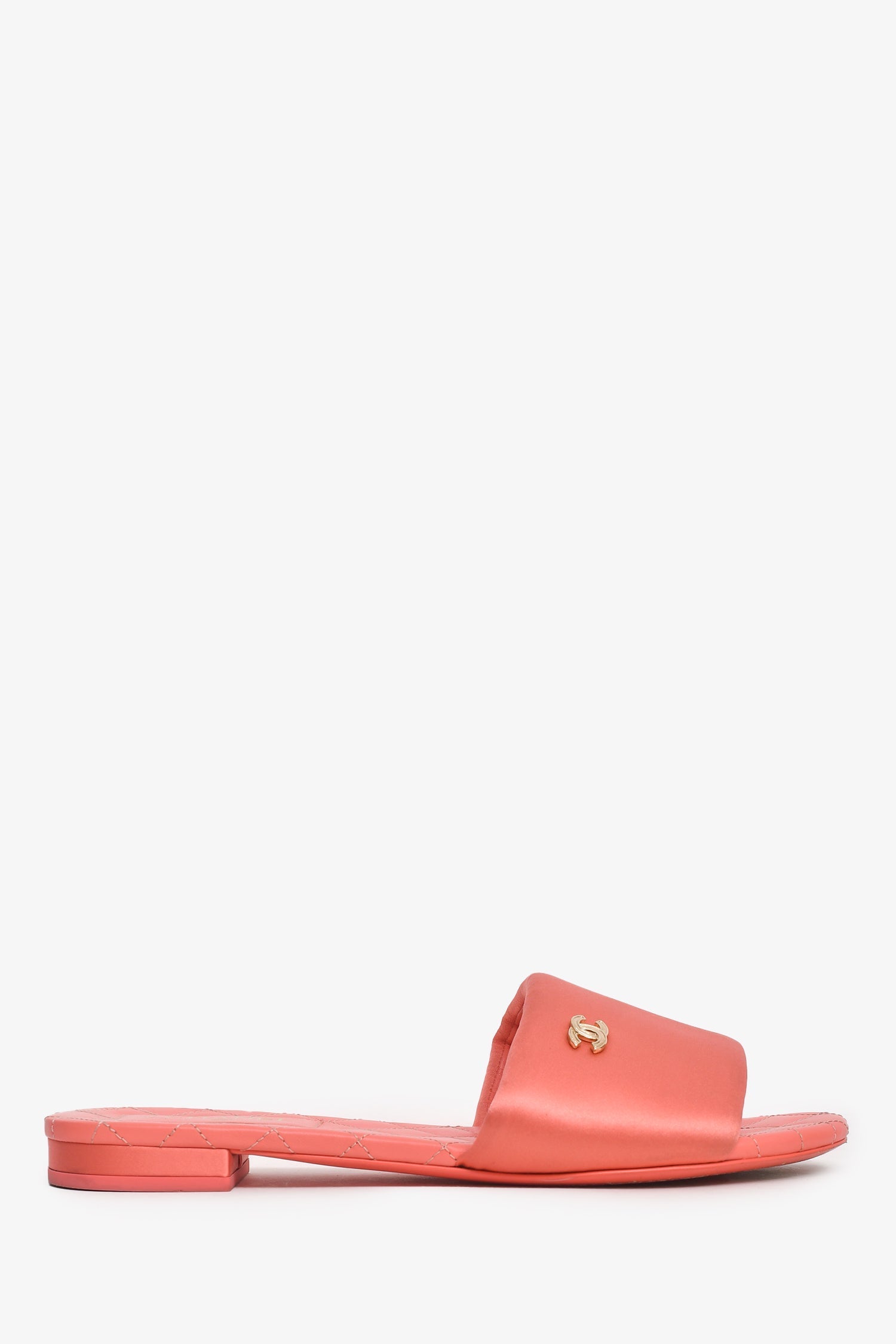 Chanel™ 2022 Coral Satin Quilted CC Logo Sandals Size 38