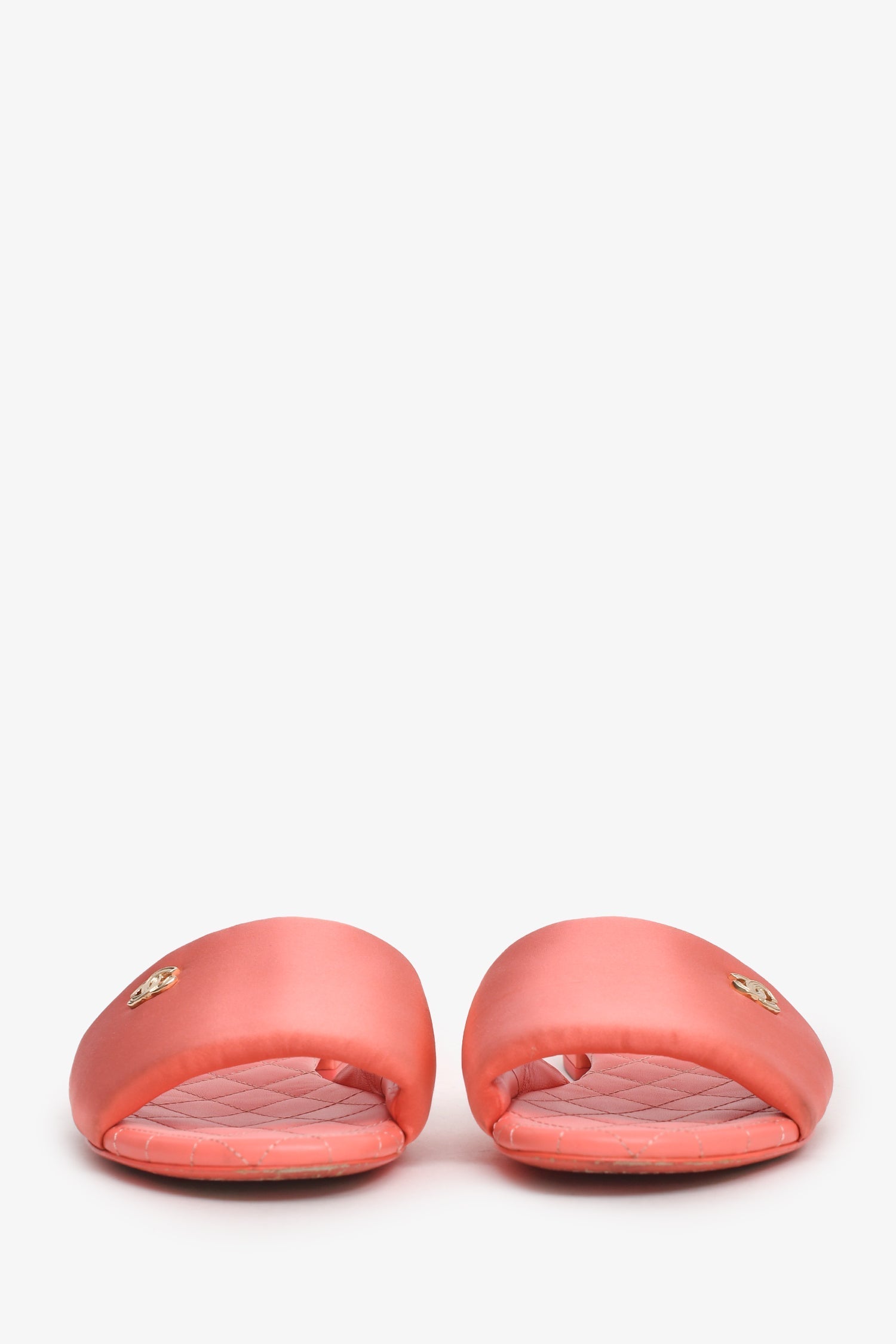 Chanel™ 2022 Coral Satin Quilted CC Logo Sandals Size 38