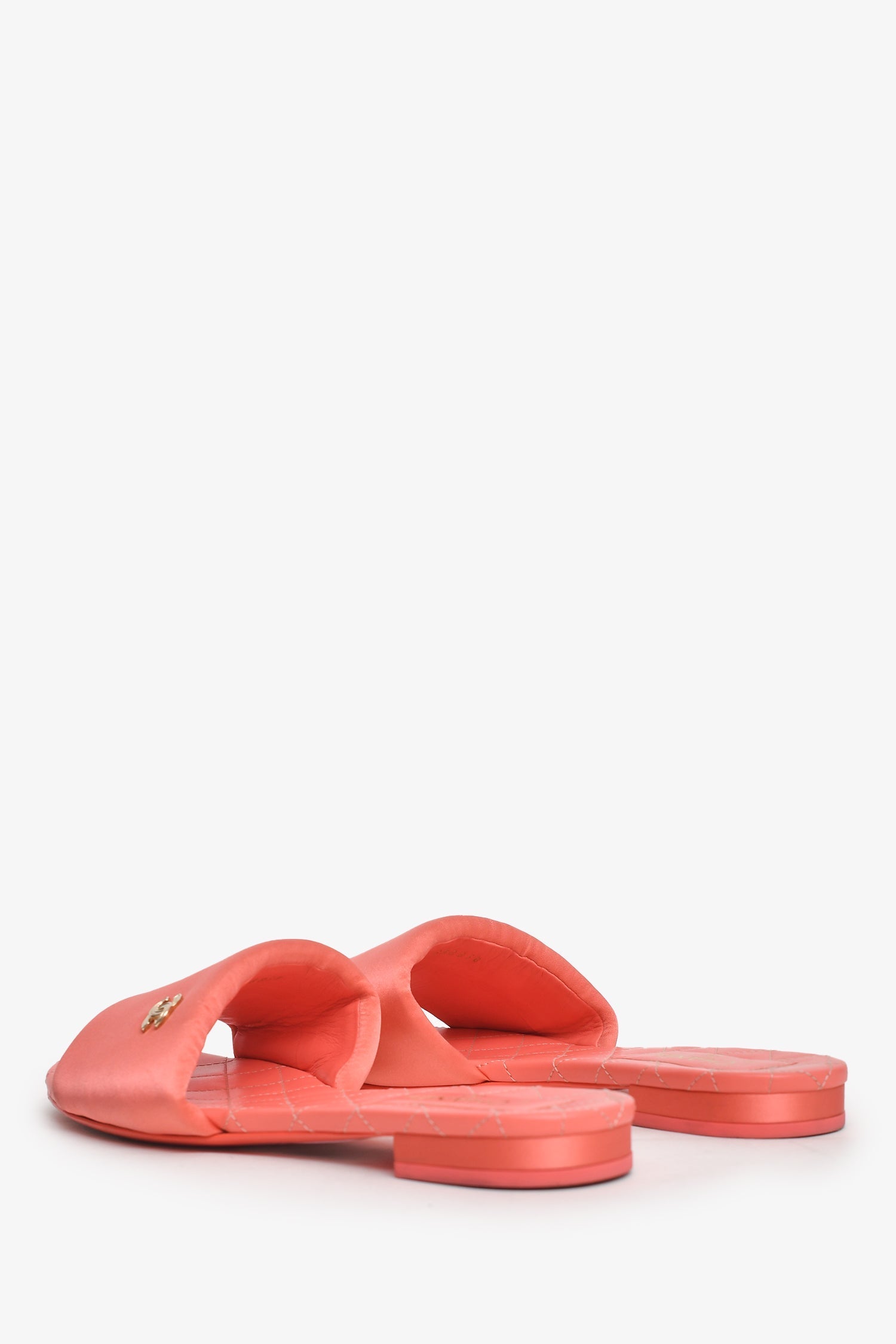 Chanel™ 2022 Coral Satin Quilted CC Logo Sandals Size 38