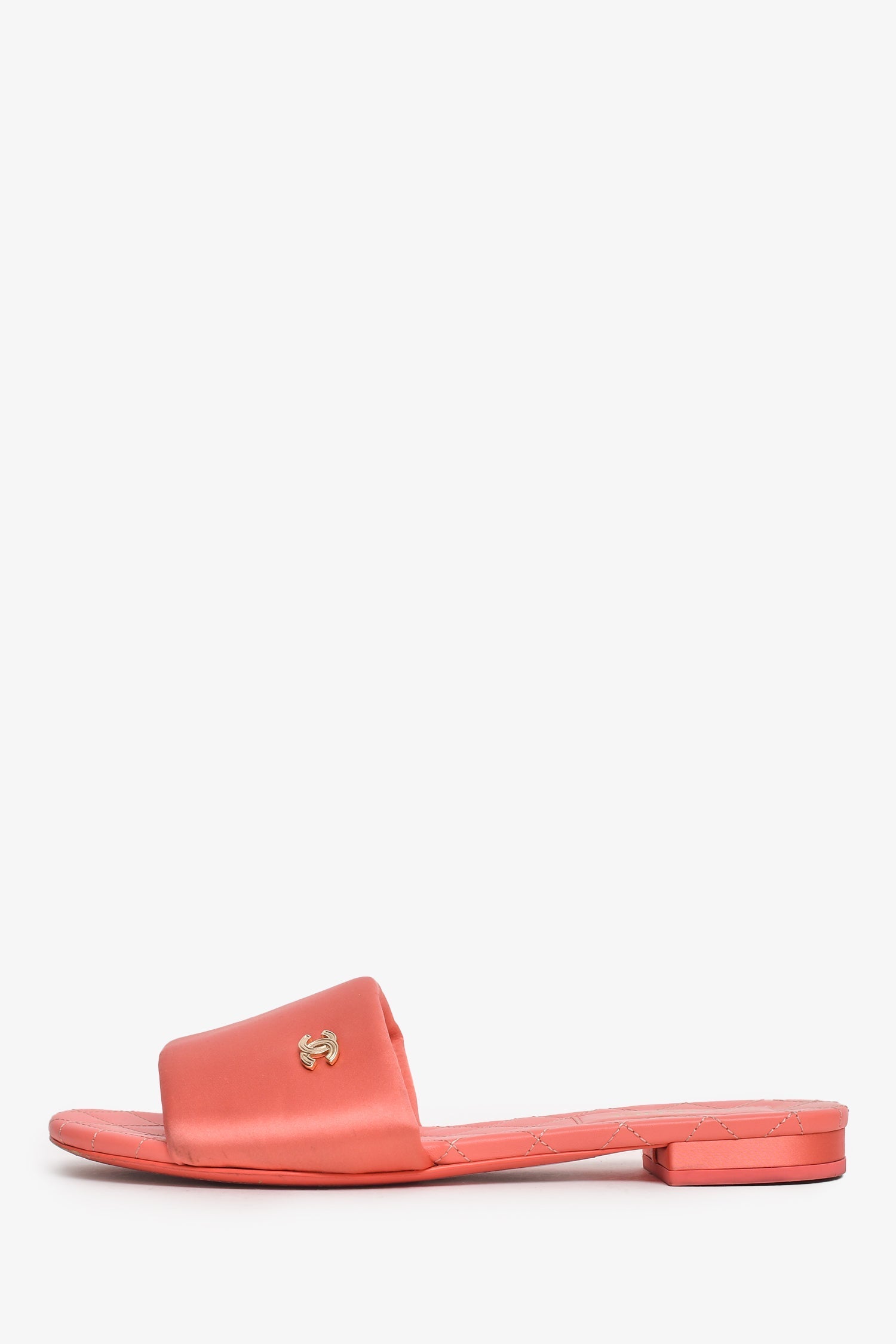 Chanel™ 2022 Coral Satin Quilted CC Logo Sandals Size 38