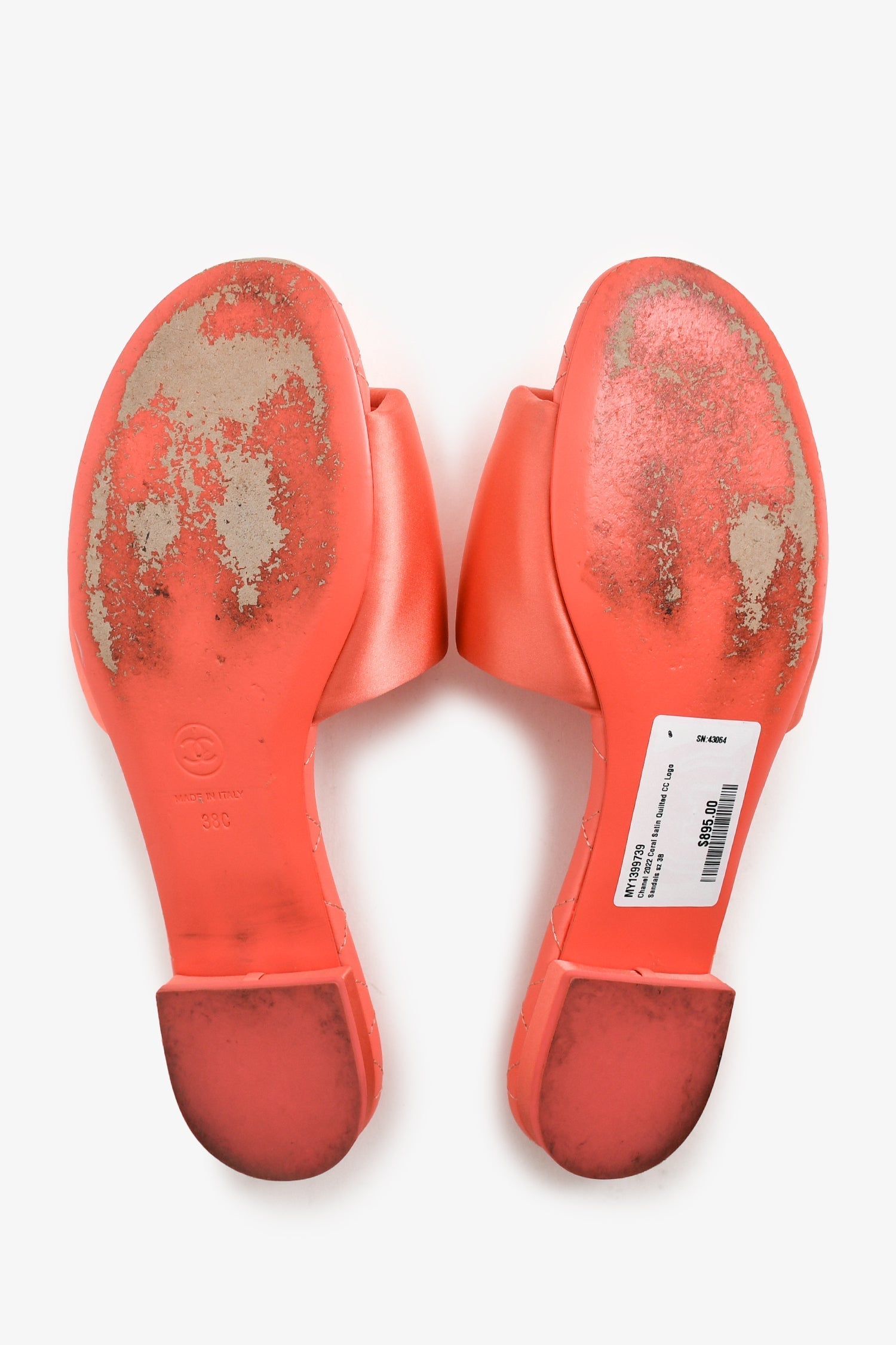 Chanel™ 2022 Coral Satin Quilted CC Logo Sandals Size 38