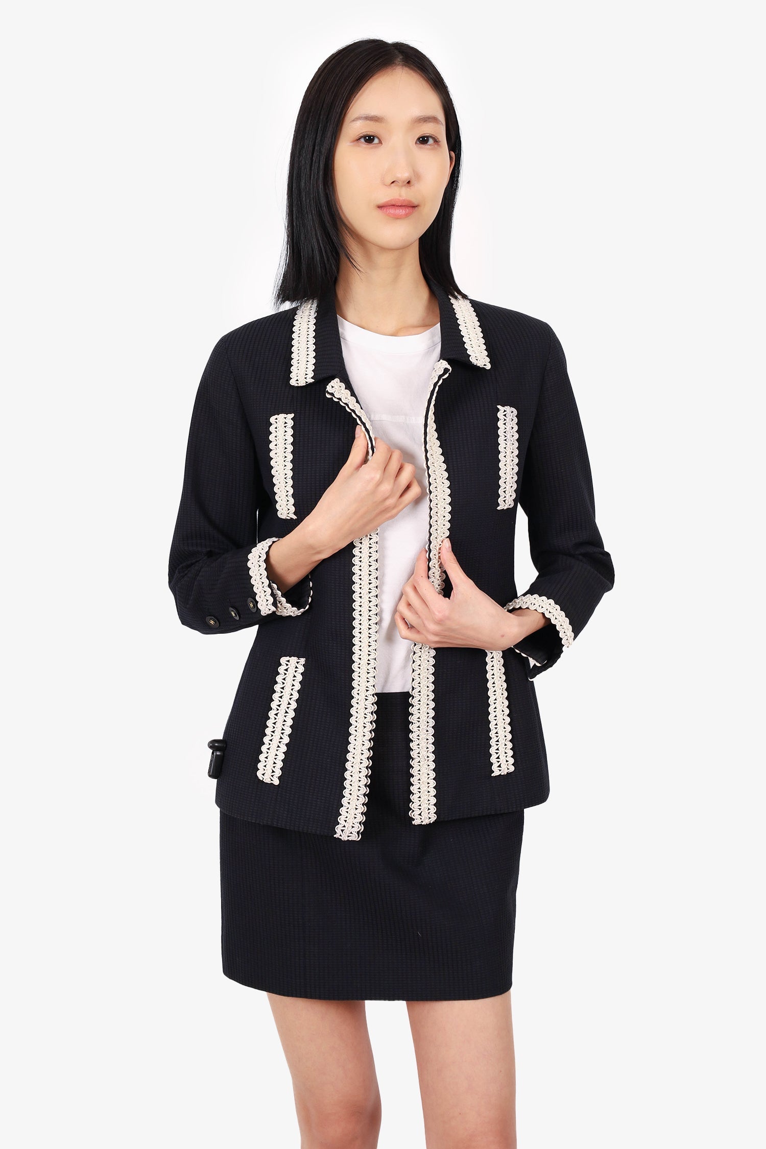 Chanel™ 94P Navy Textured Jacket With Mini Skirt Set Size 38