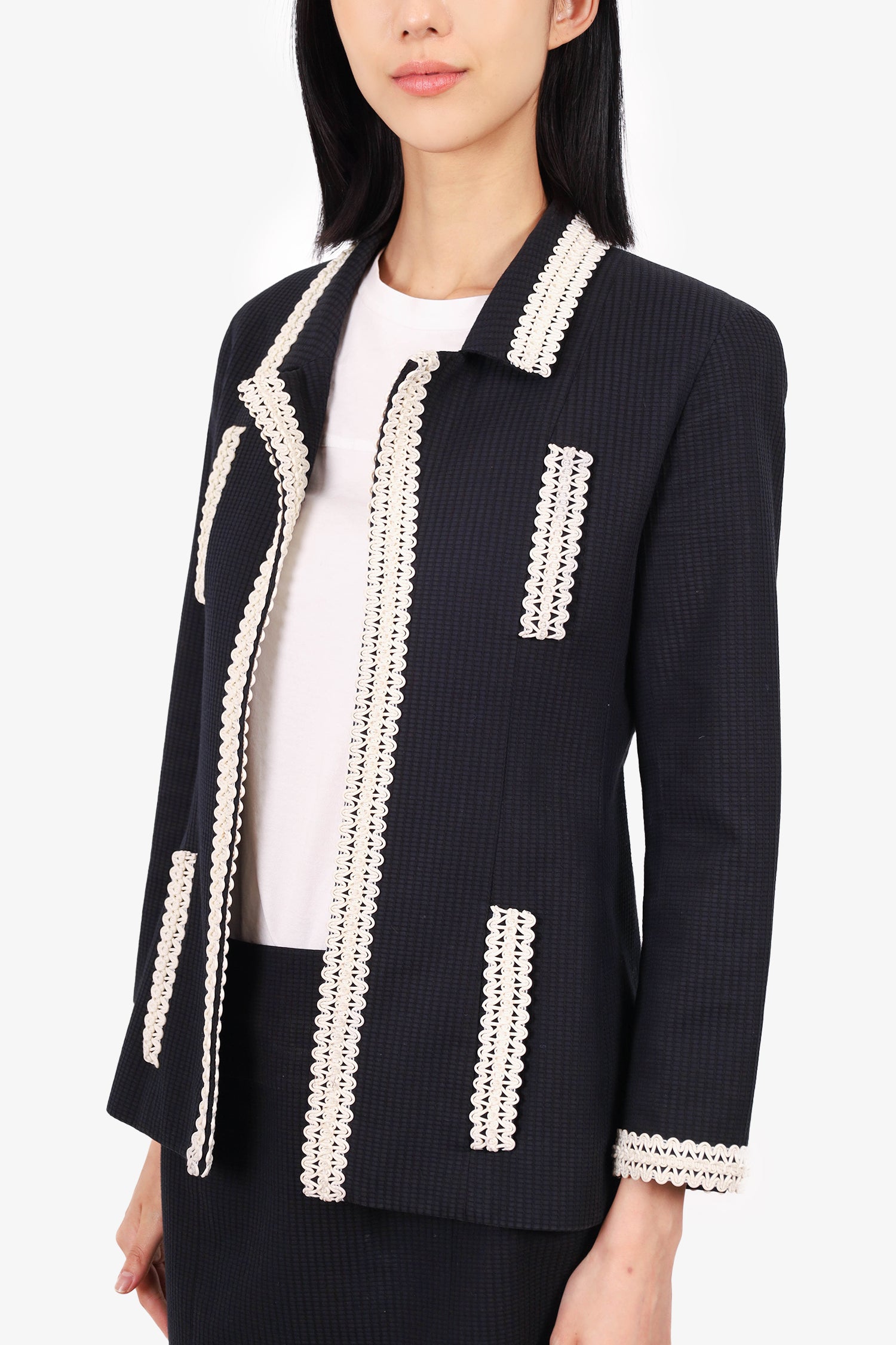 Chanel™ 94P Navy Textured Jacket With Mini Skirt Set Size 38
