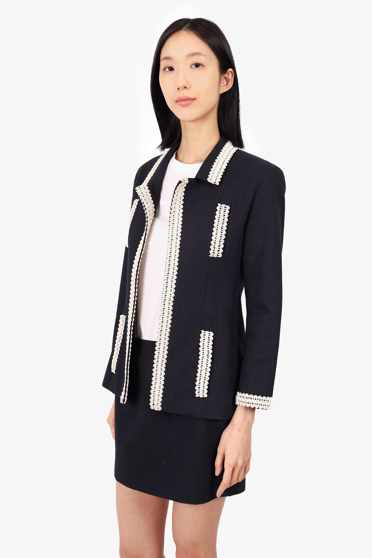 Chanel™ 94P Navy Textured Jacket With Mini Skirt Set Size 38