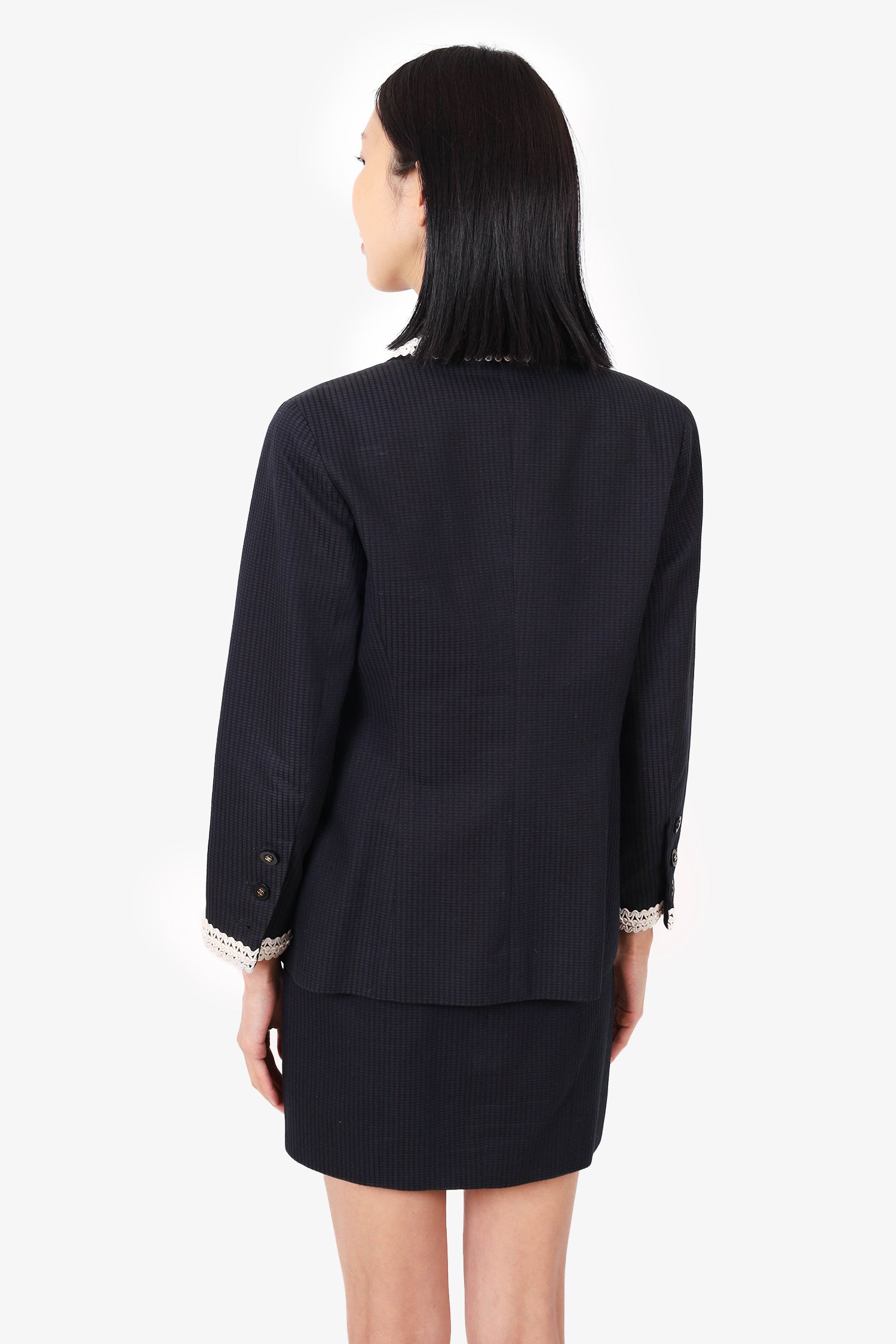 Chanel™ 94P Navy Textured Jacket With Mini Skirt Set Size 38