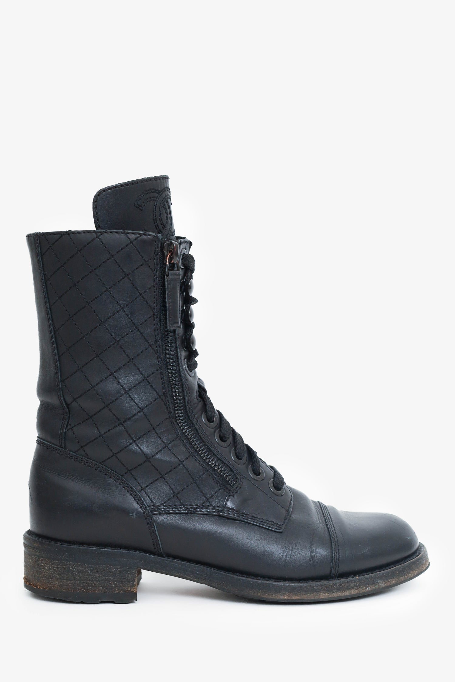 Chanel™ Chanel Leather Zip/Lace Up Combat Boots Size 36.5 (As Is)