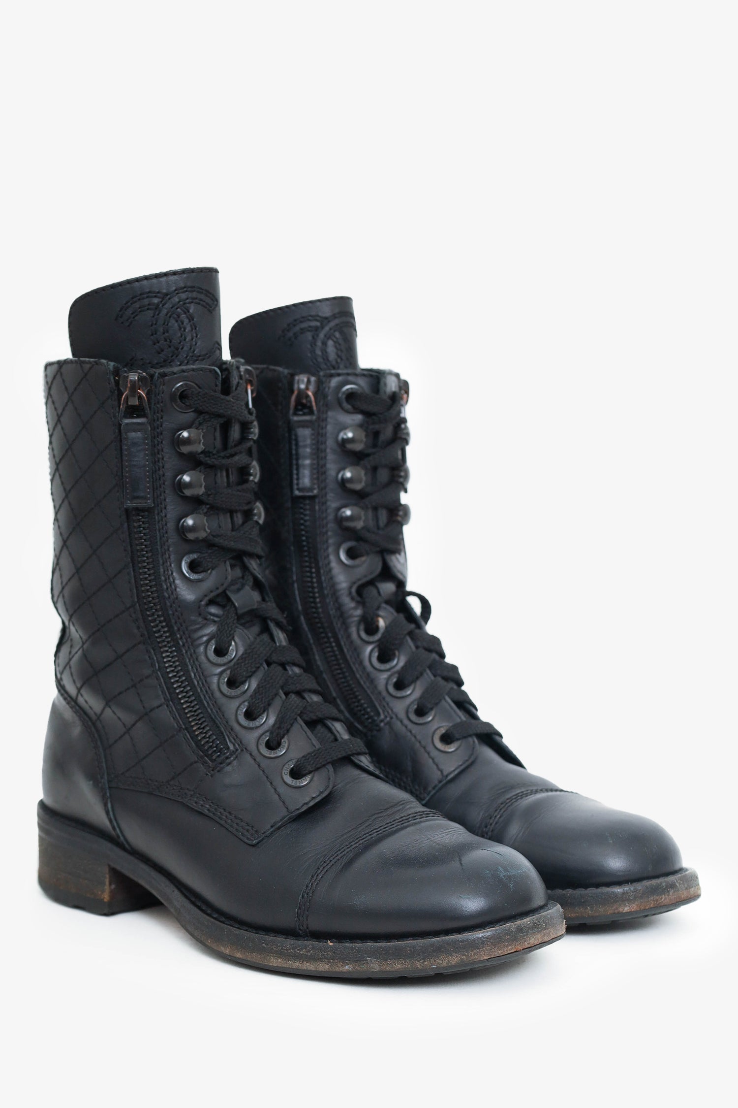 Chanel™ Chanel Leather Zip/Lace Up Combat Boots Size 36.5 (As Is)