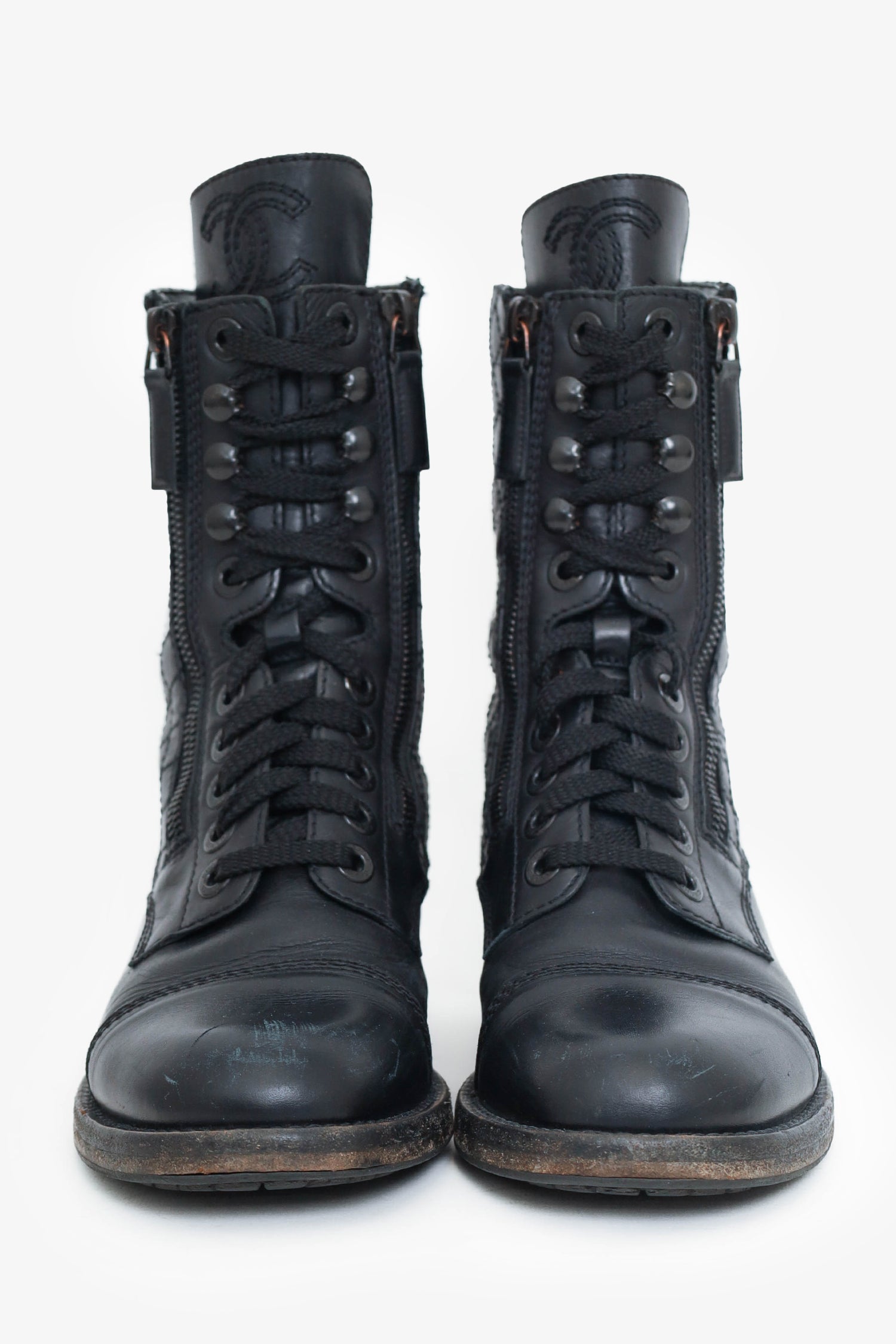 Chanel™ Chanel Leather Zip/Lace Up Combat Boots Size 36.5 (As Is)