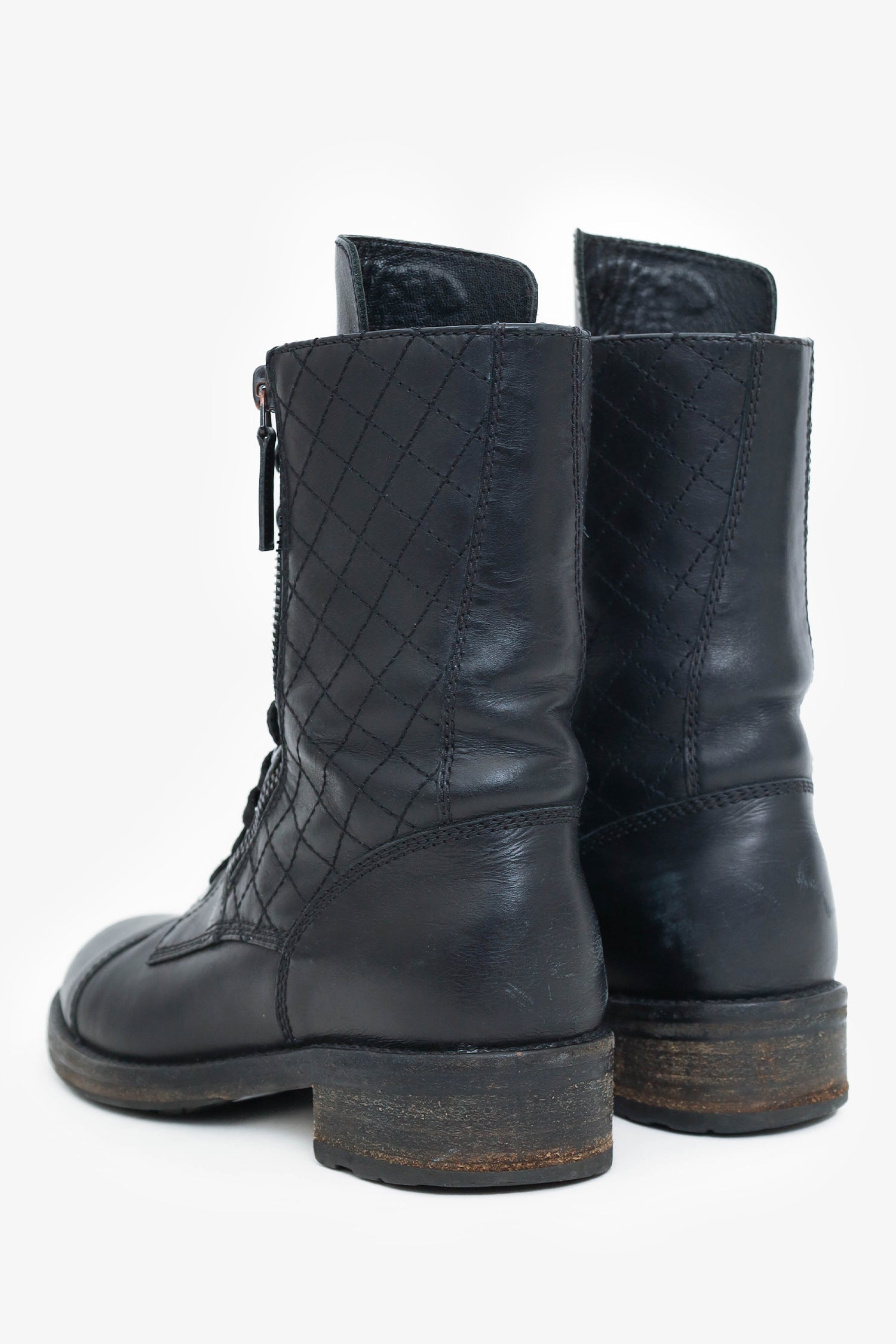 Chanel™ Chanel Leather Zip/Lace Up Combat Boots Size 36.5 (As Is)