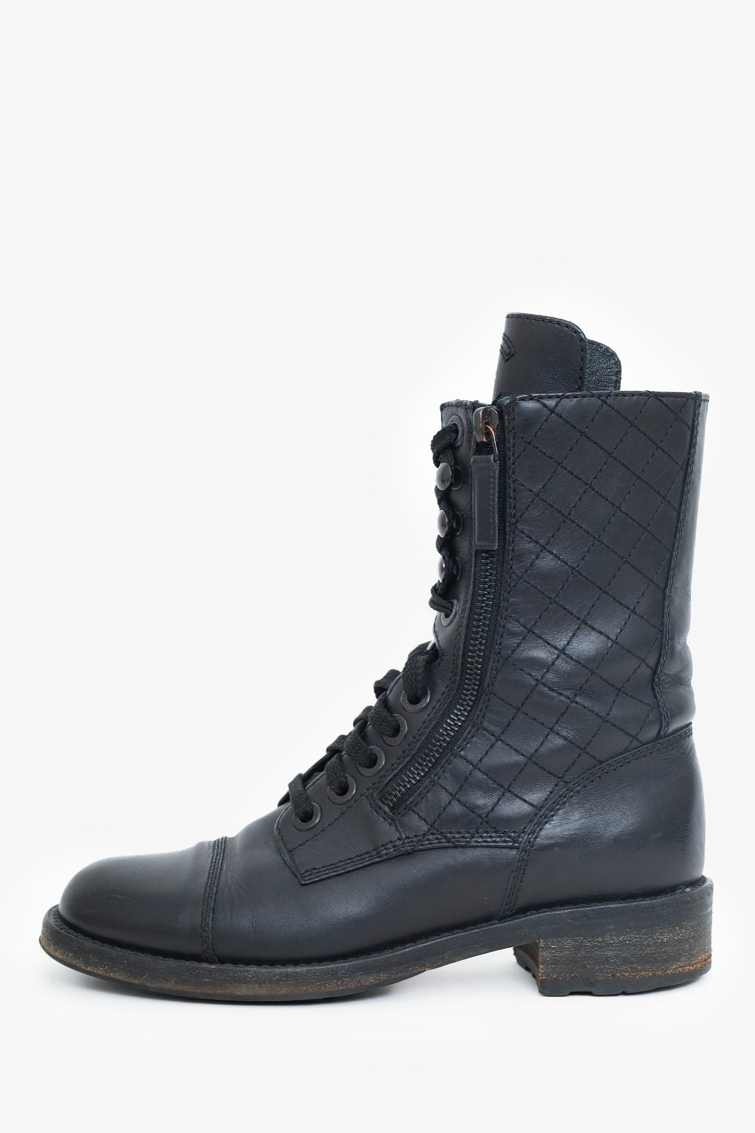 Chanel™ Chanel Leather Zip/Lace Up Combat Boots Size 36.5 (As Is)