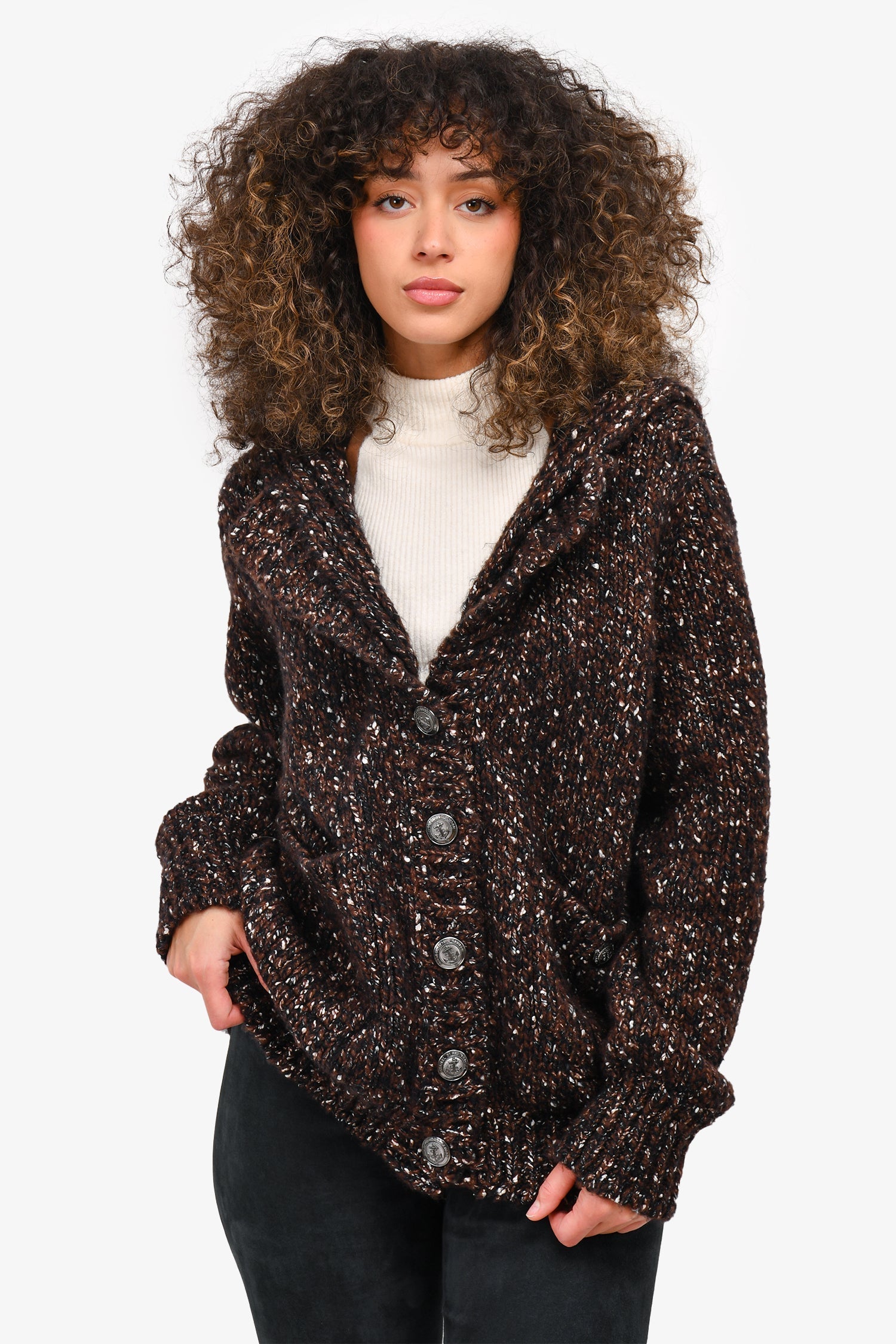 Chanel™ Brown/Black Wool Blend Knit Button Down Sweater Size 44