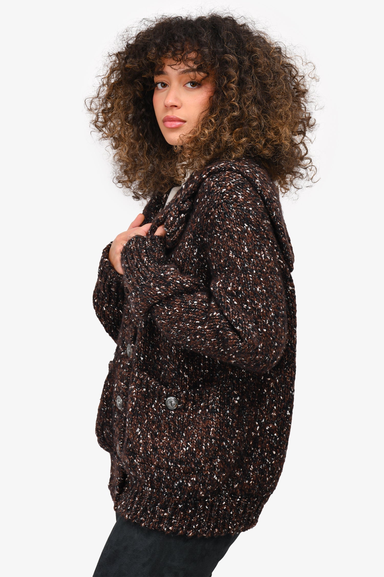 Chanel™ Brown/Black Wool Blend Knit Button Down Sweater Size 44