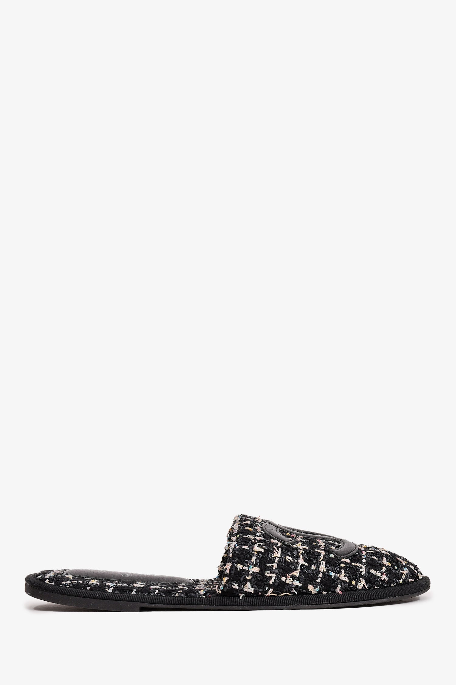 Chanel™ 2019 Black Tweed CC Logo Slippers Size S