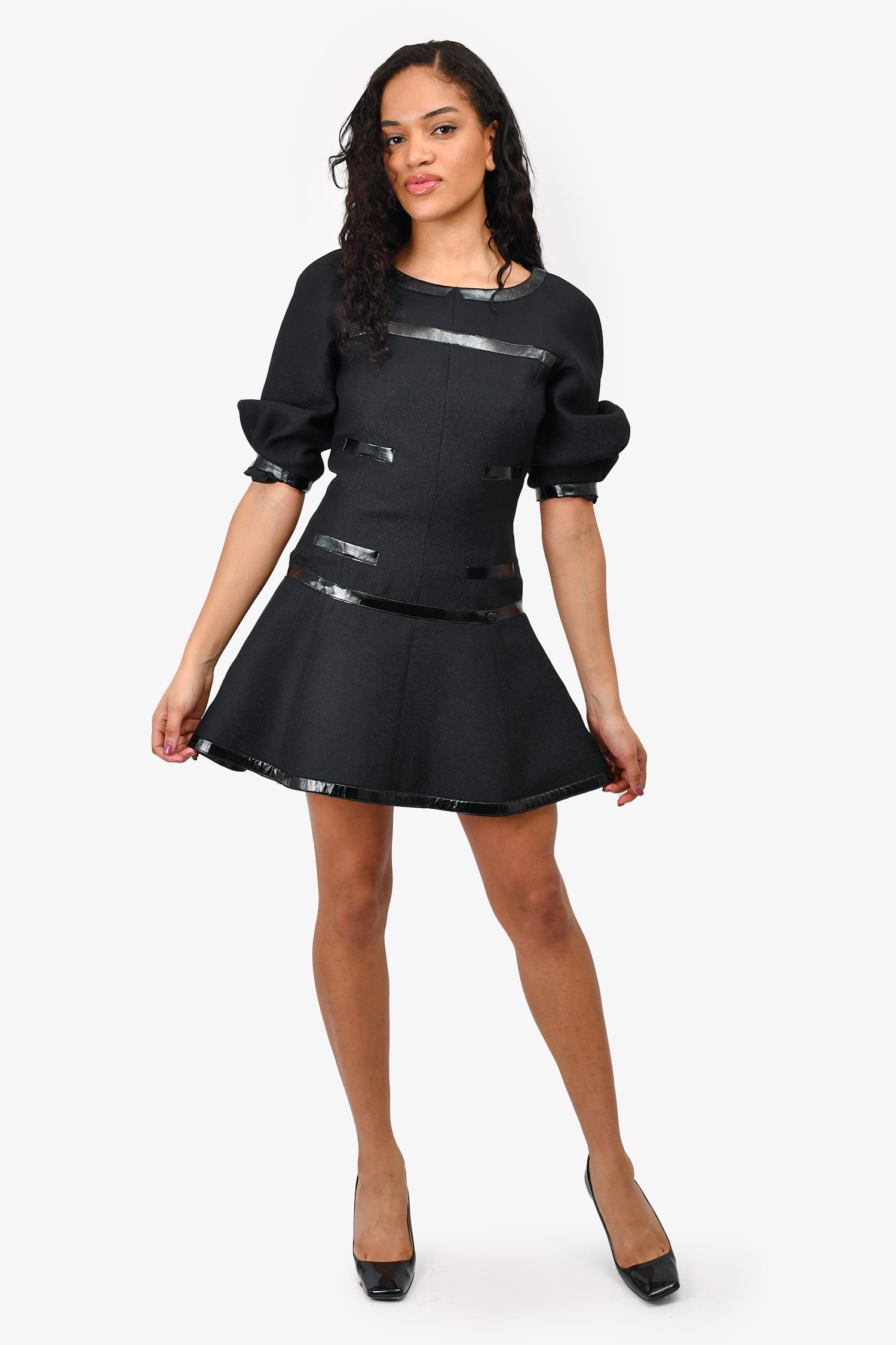 Chanel™ Fall 2013 Black Glitter Wool/ Patent Trim Flared Mini Dress Size 38