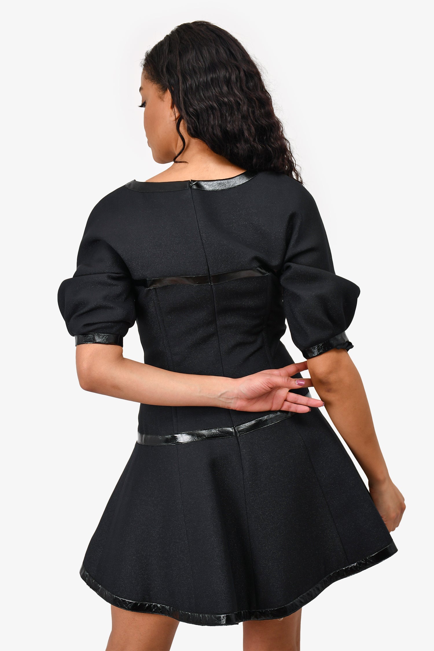 Chanel™ Fall 2013 Black Glitter Wool/ Patent Trim Flared Mini Dress Size 38