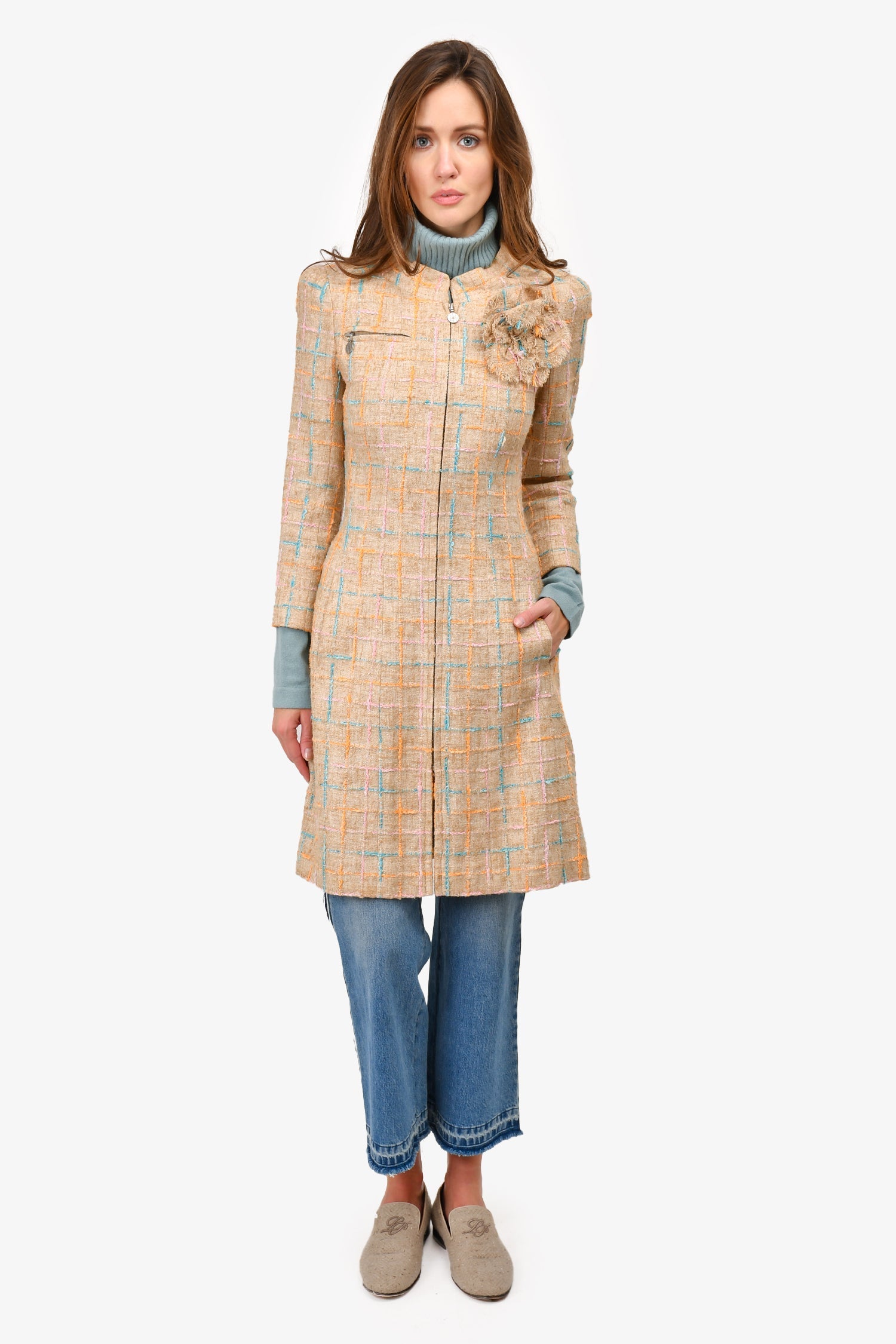 Chanel™ Spring 2001 Beige/Multicolour Tweed Mid Length Coat with Camellia Brooch Size 40