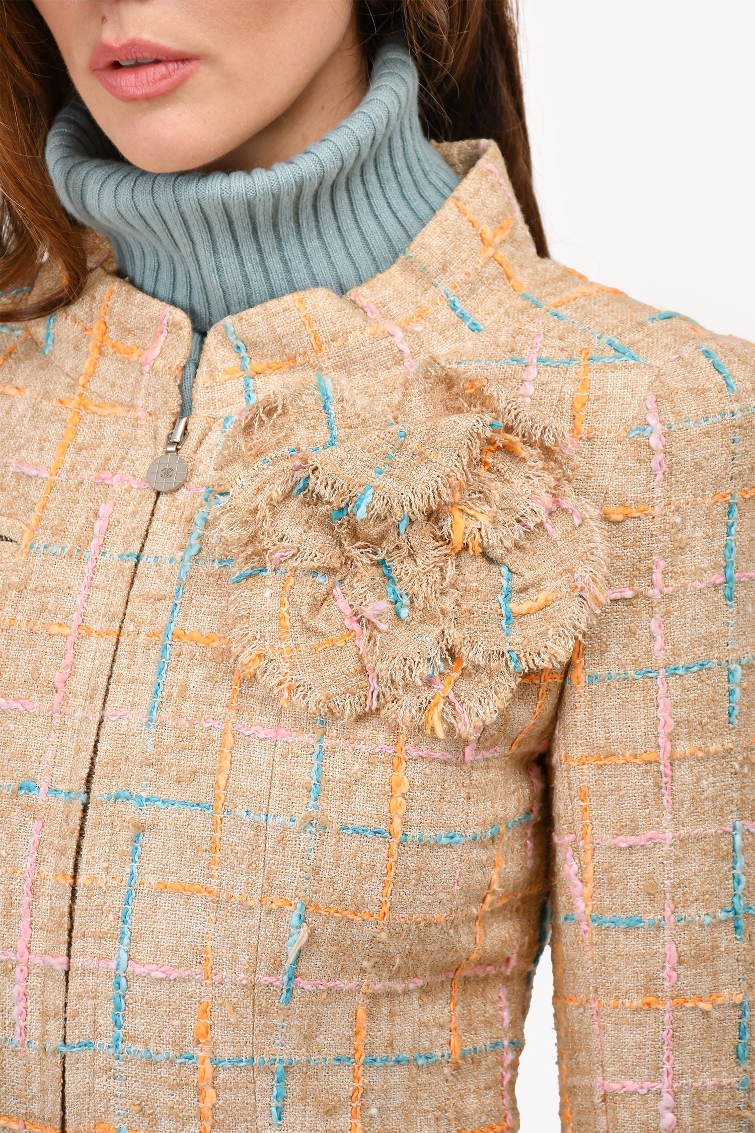 Chanel™ Spring 2001 Beige/Multicolour Tweed Mid Length Coat with Camellia Brooch Size 40