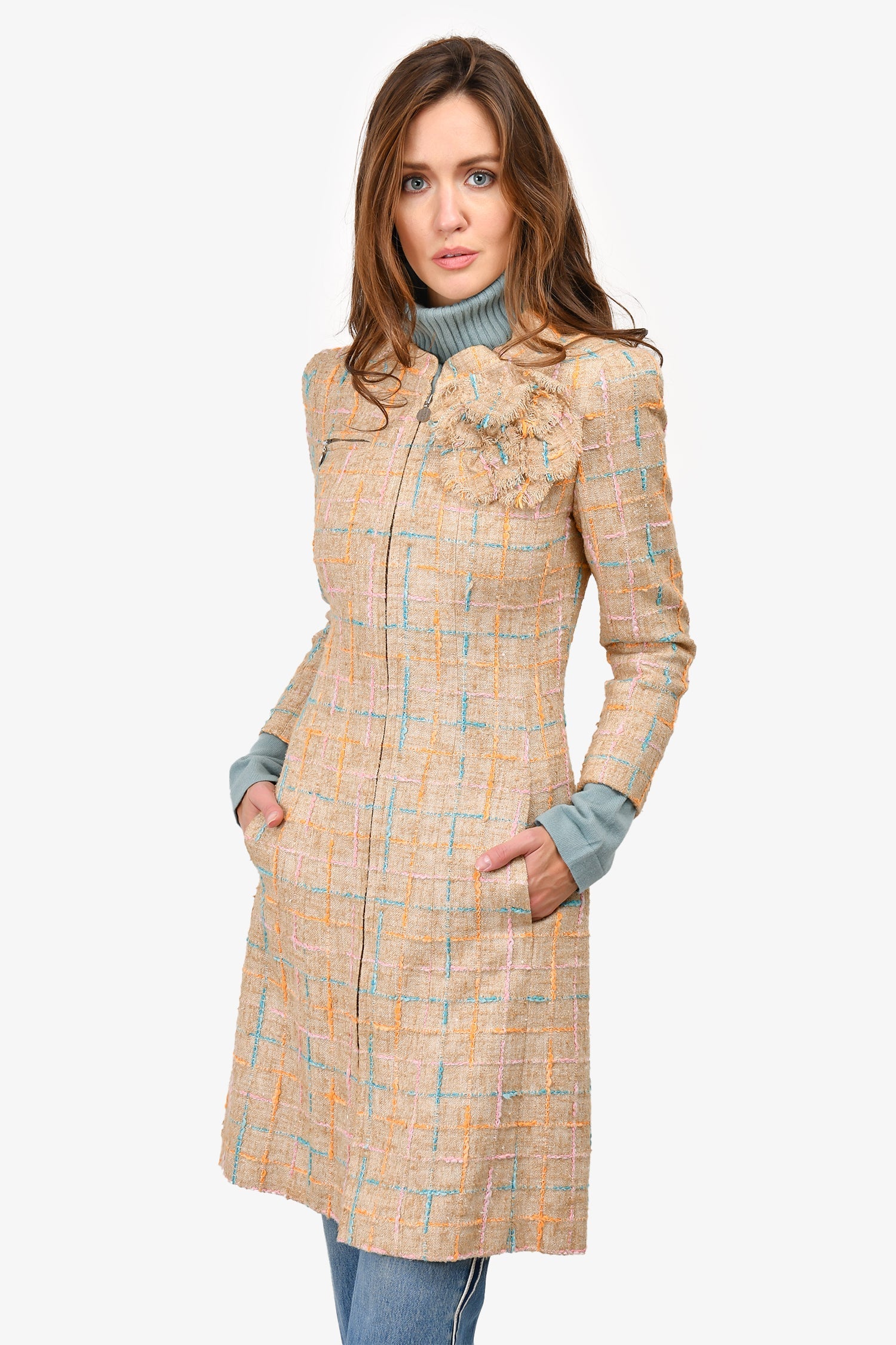 Chanel™ Spring 2001 Beige/Multicolour Tweed Mid Length Coat with Camellia Brooch Size 40