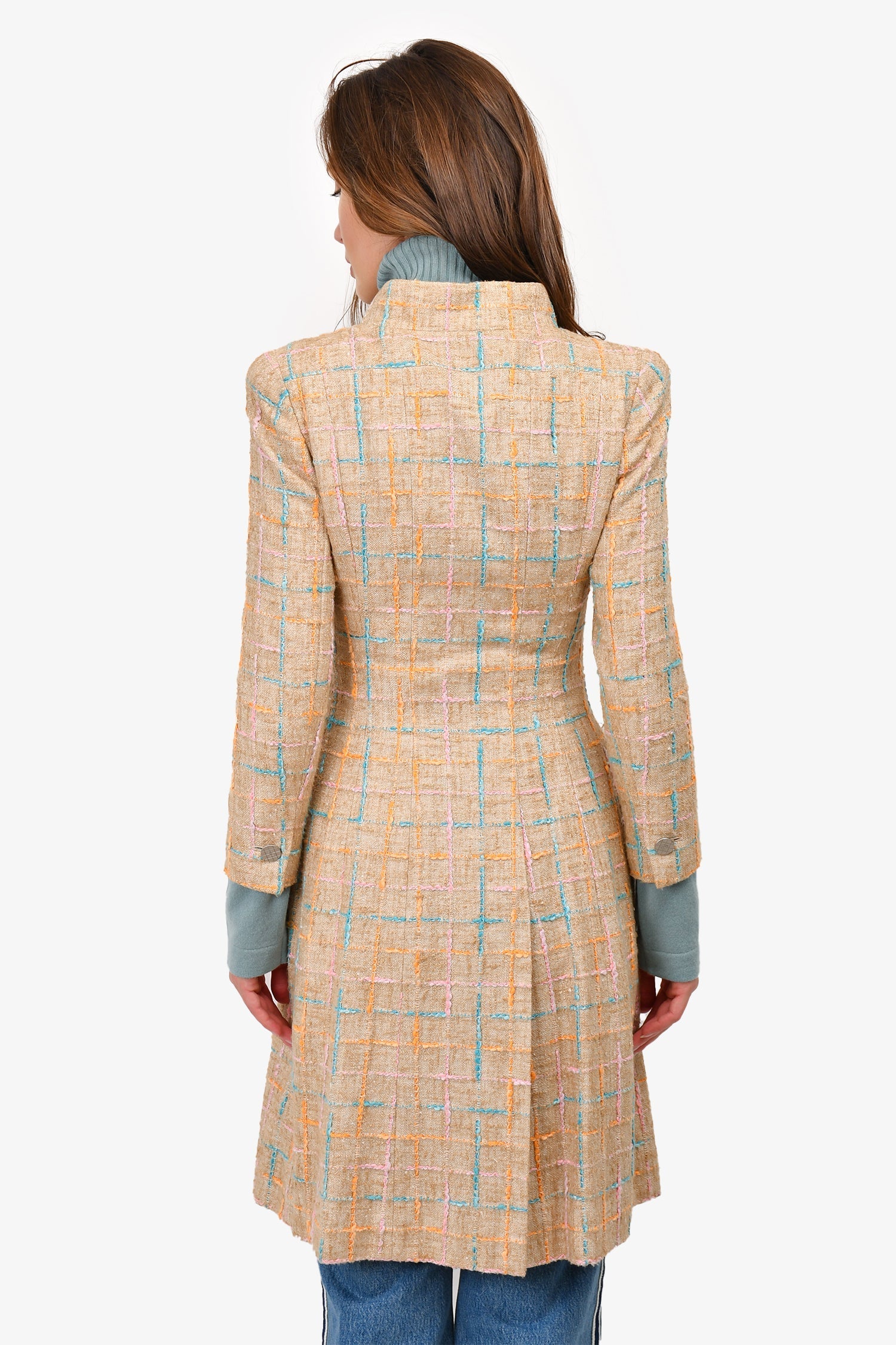 Chanel™ Spring 2001 Beige/Multicolour Tweed Mid Length Coat with Camellia Brooch Size 40