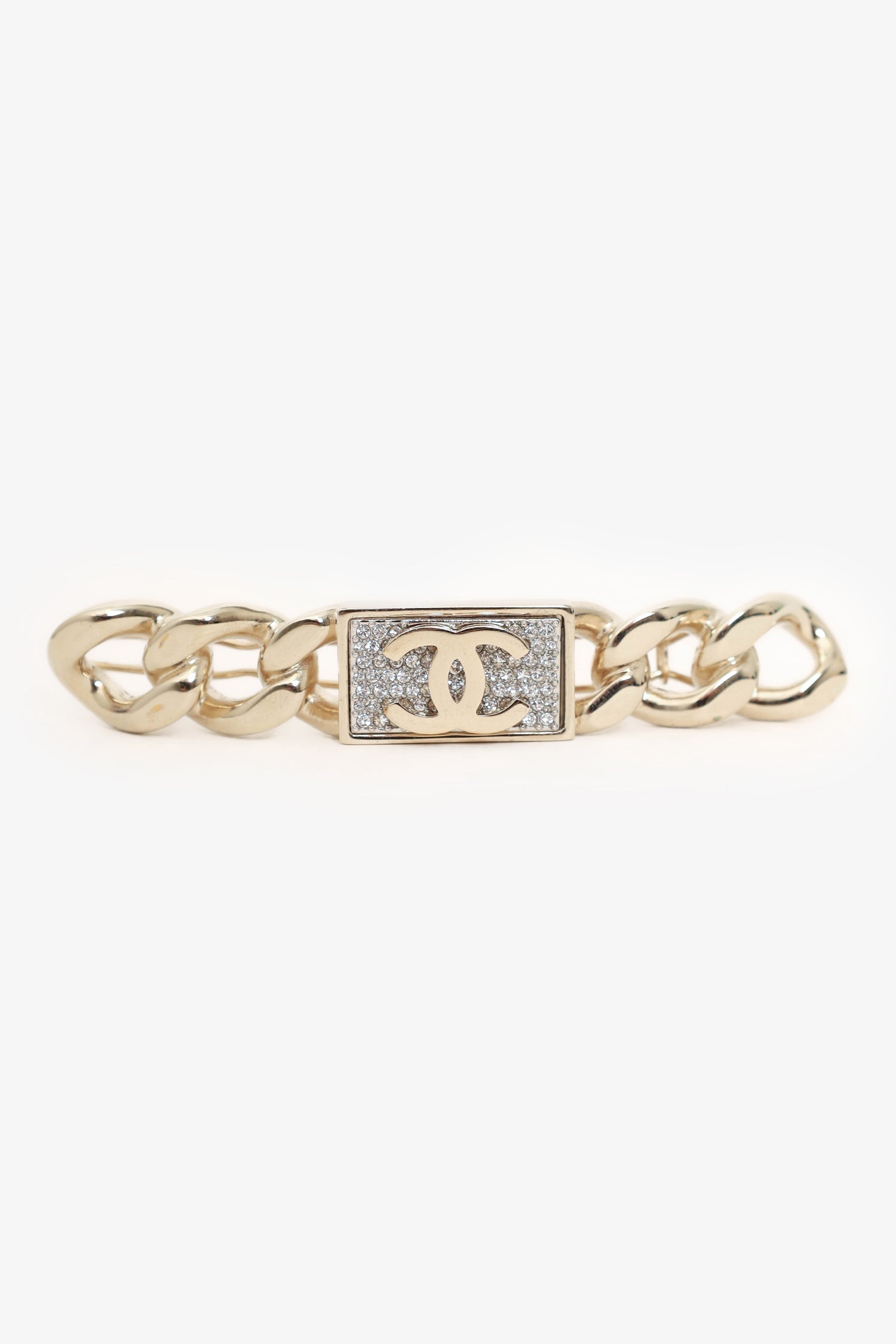 Chanel™ 2021 Silver Chain Detail Crystal 'CC' Hair Clip