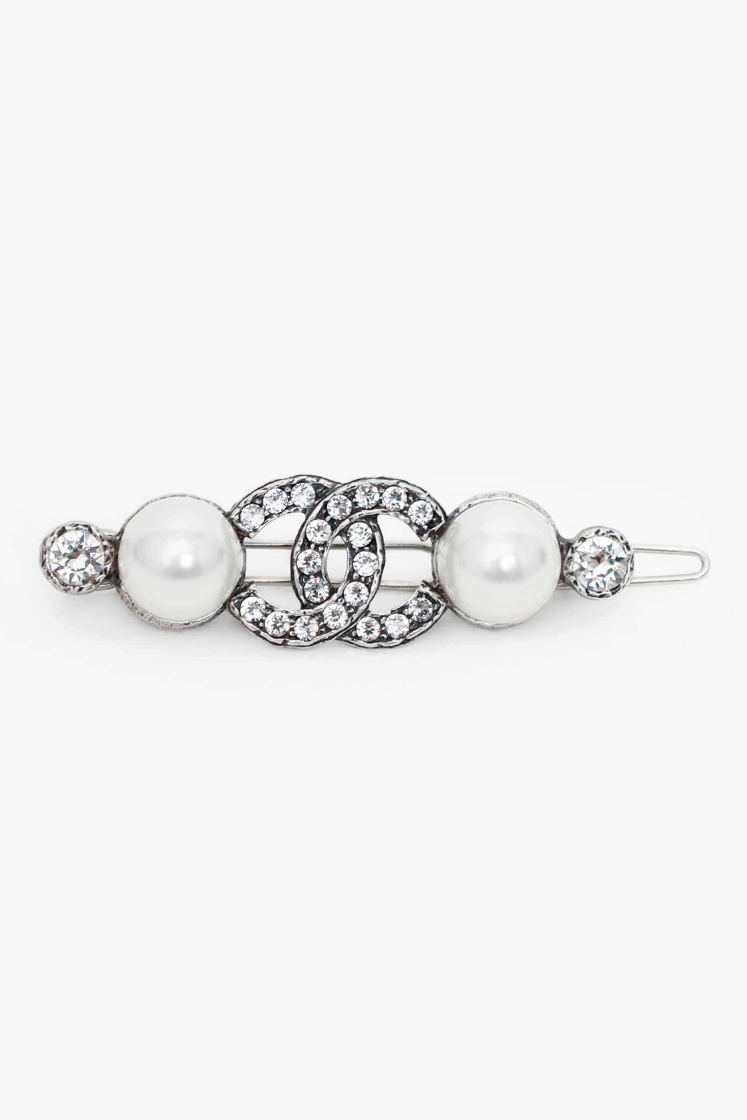 Chanel™ Silver Crystal 'CC' Faux Pearl Embellished Hair Clip
