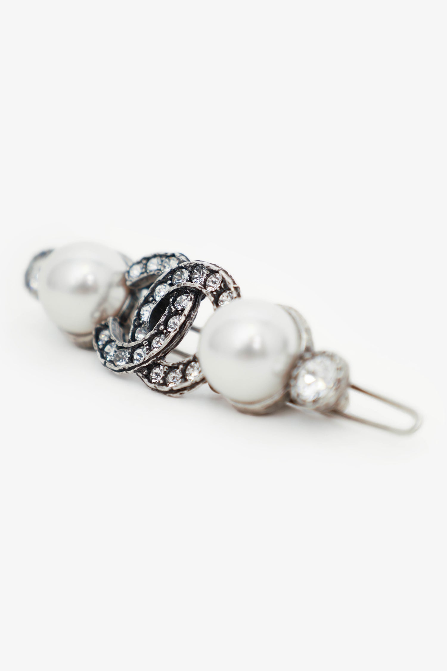 Chanel™ Silver Crystal 'CC' Faux Pearl Embellished Hair Clip