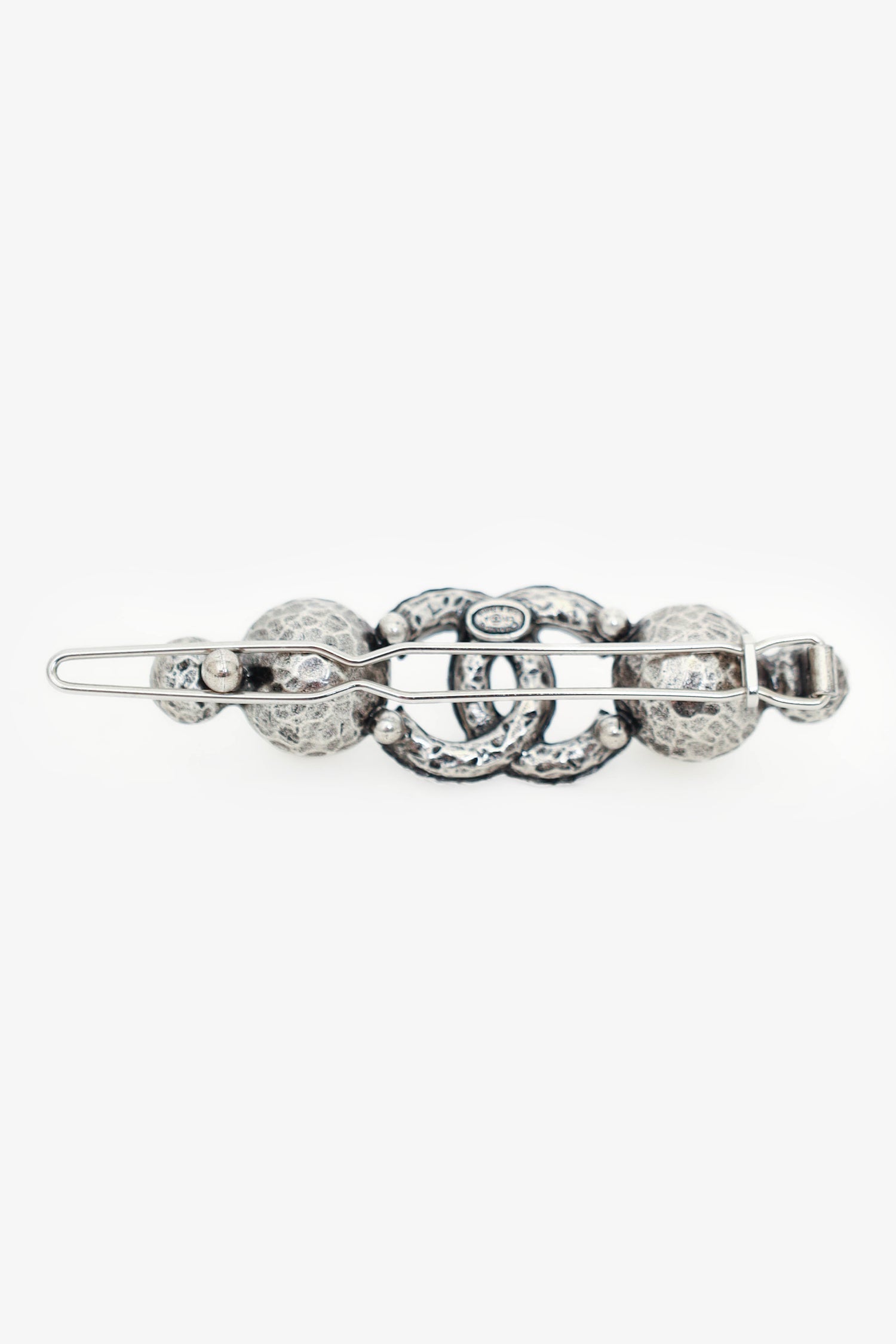 Chanel™ Silver Crystal 'CC' Faux Pearl Embellished Hair Clip