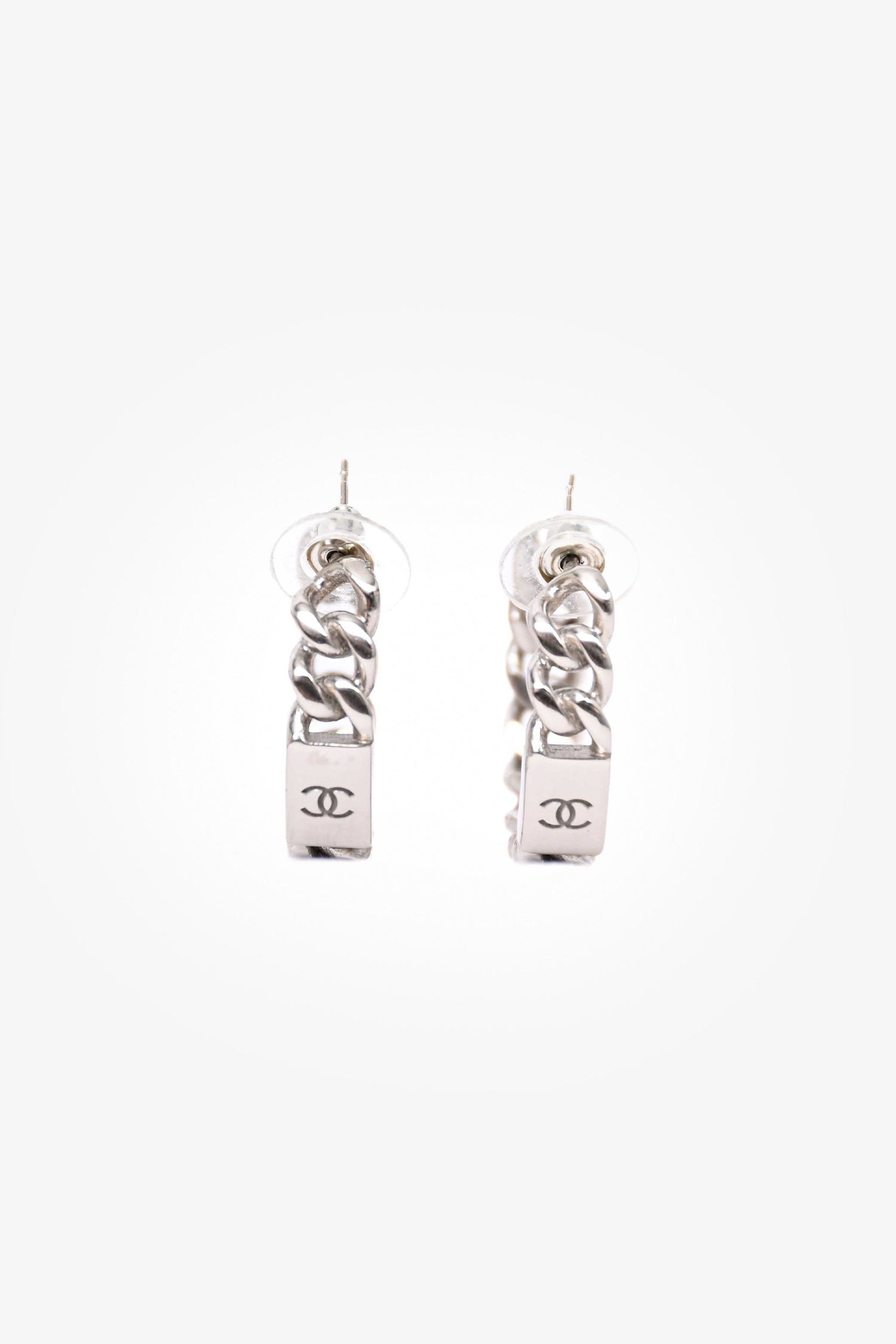 Chanel™ 2015 Silver Toned Small Chain Hoop CC Earrings
