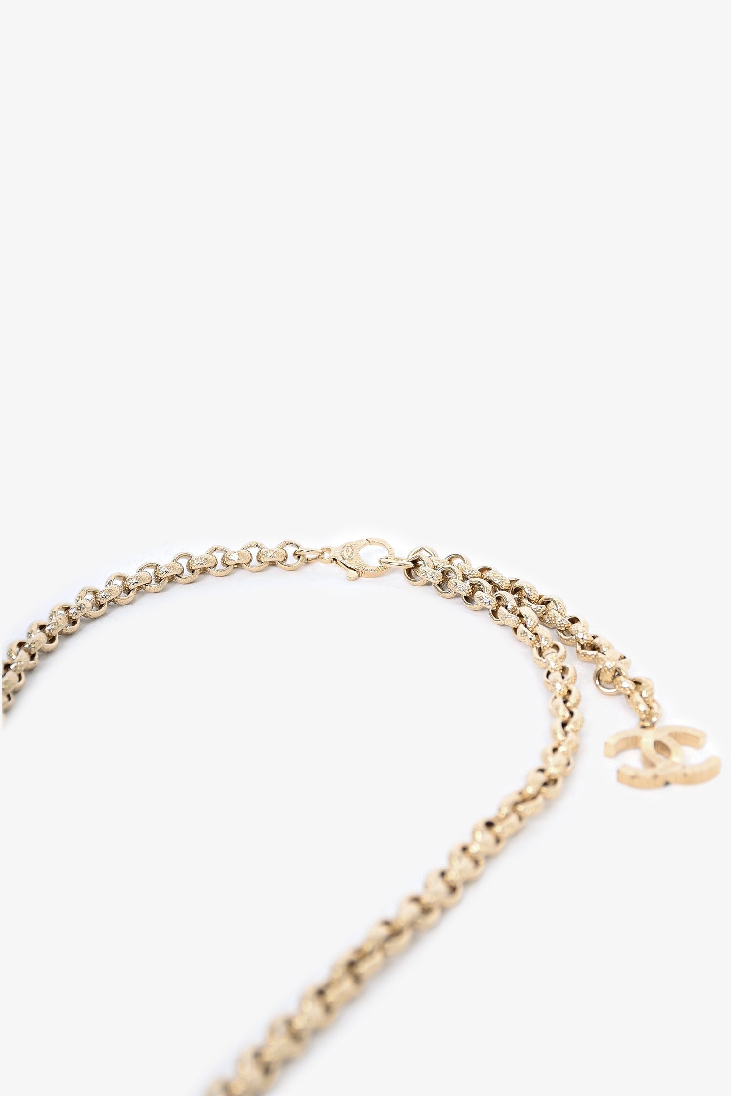 Chanel™ Runway SS2019 Gold Toned Crystal Embellished Large 'CHANEL' Vertical Drop Necklace